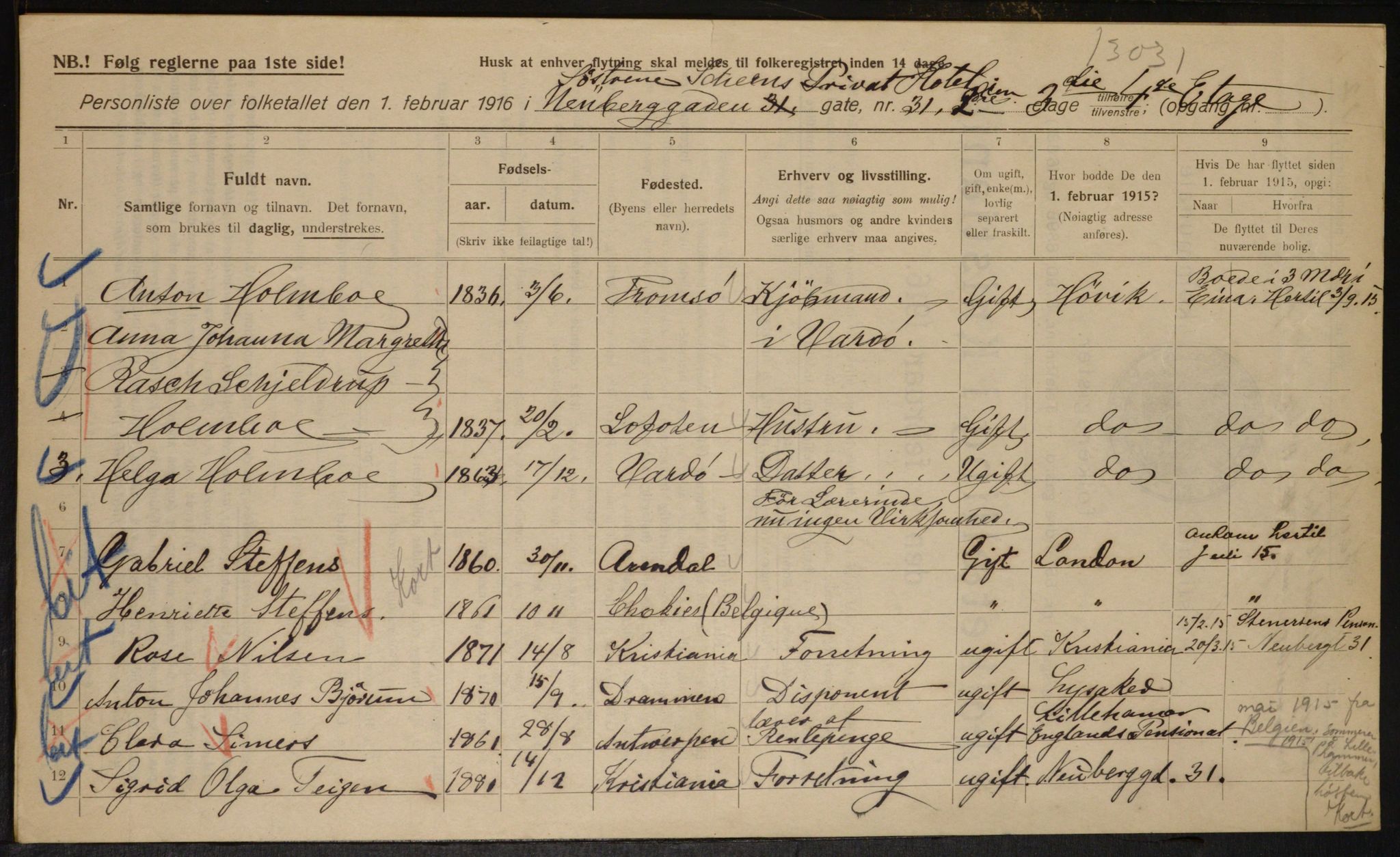 OBA, Municipal Census 1916 for Kristiania, 1916, p. 71869