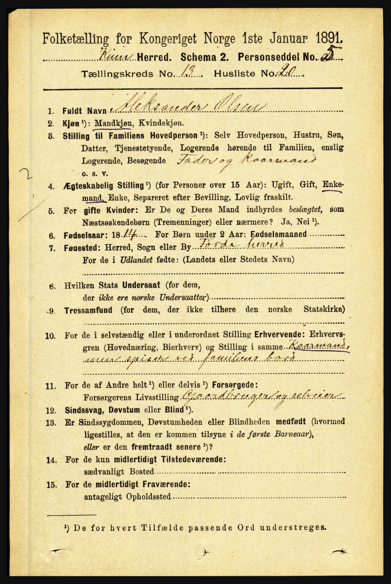 RA, 1891 census for 1437 Kinn, 1891, p. 5204
