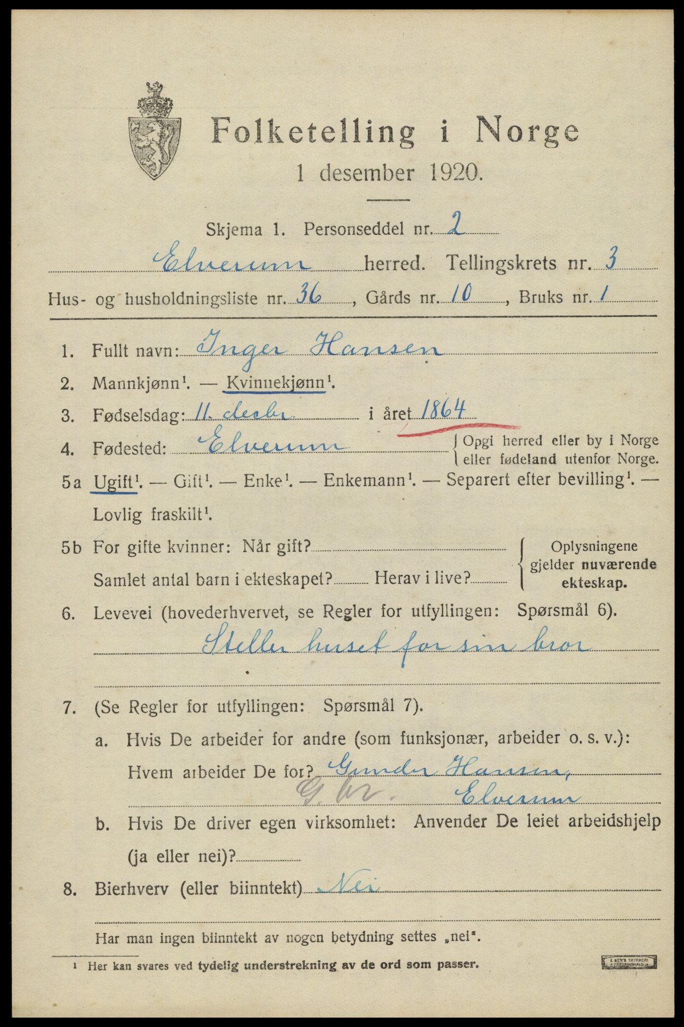 SAH, 1920 census for Elverum, 1920, p. 6412