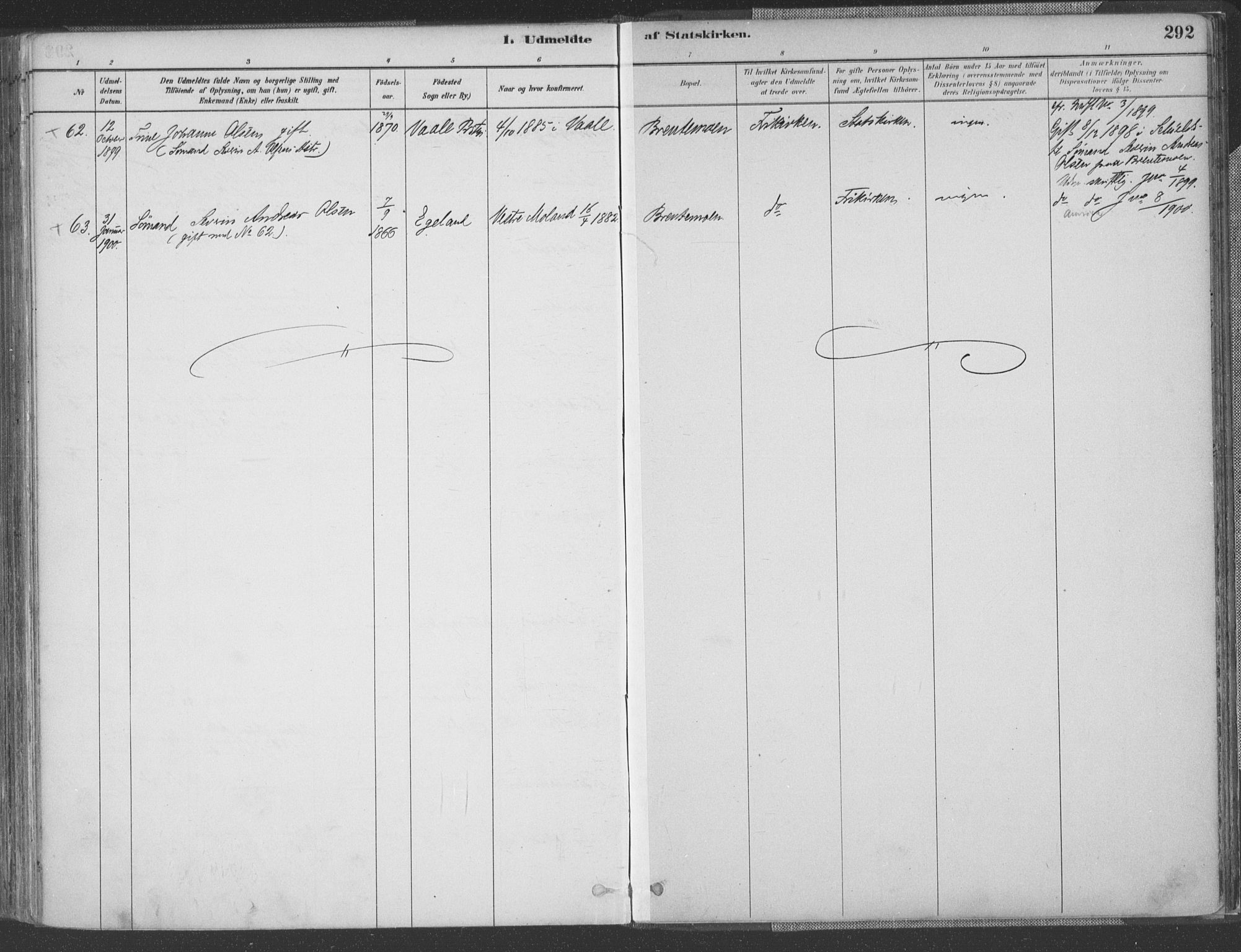 Vestre Moland sokneprestkontor, AV/SAK-1111-0046/F/Fa/Fab/L0009: Parish register (official) no. A 9, 1884-1899, p. 292