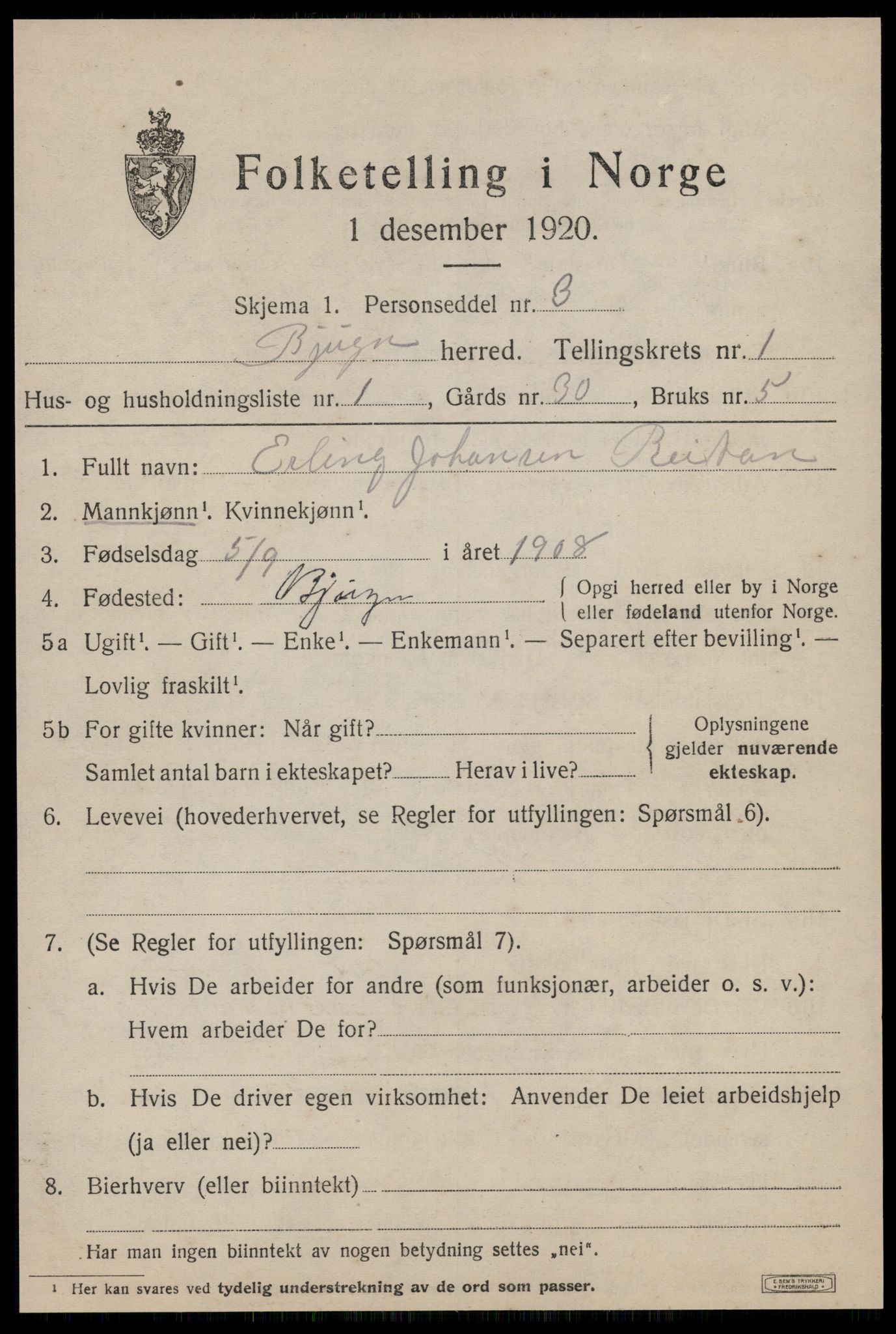 SAT, 1920 census for Bjugn, 1920, p. 495