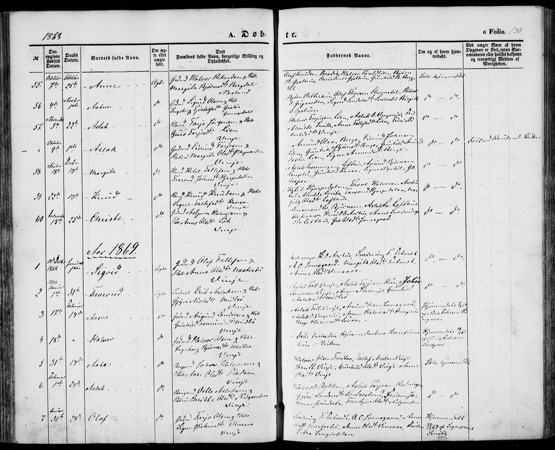 Vinje kirkebøker, SAKO/A-312/F/Fa/L0004: Parish register (official) no. I 4, 1843-1869, p. 130