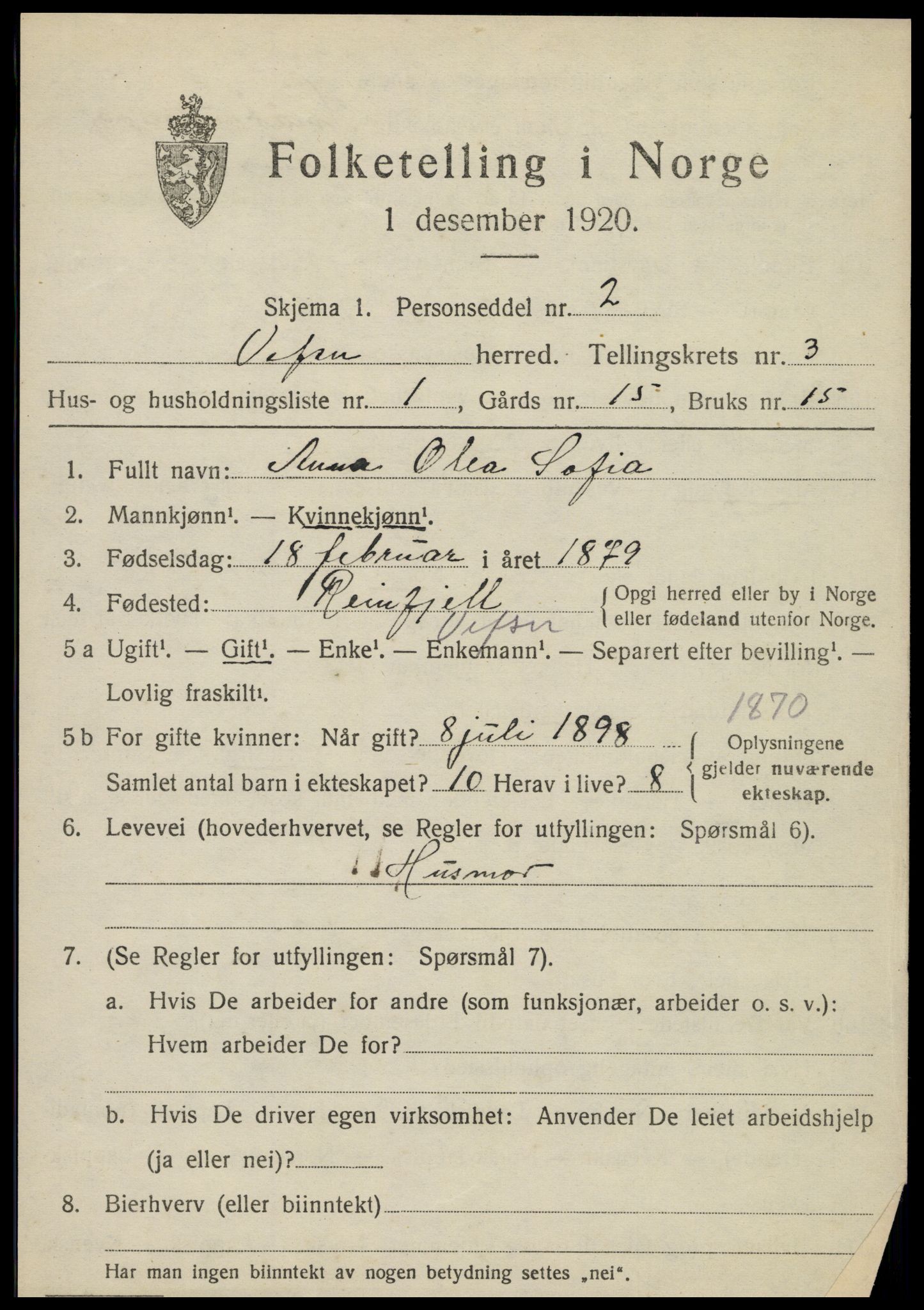 SAT, 1920 census for Vefsn, 1920, p. 2019