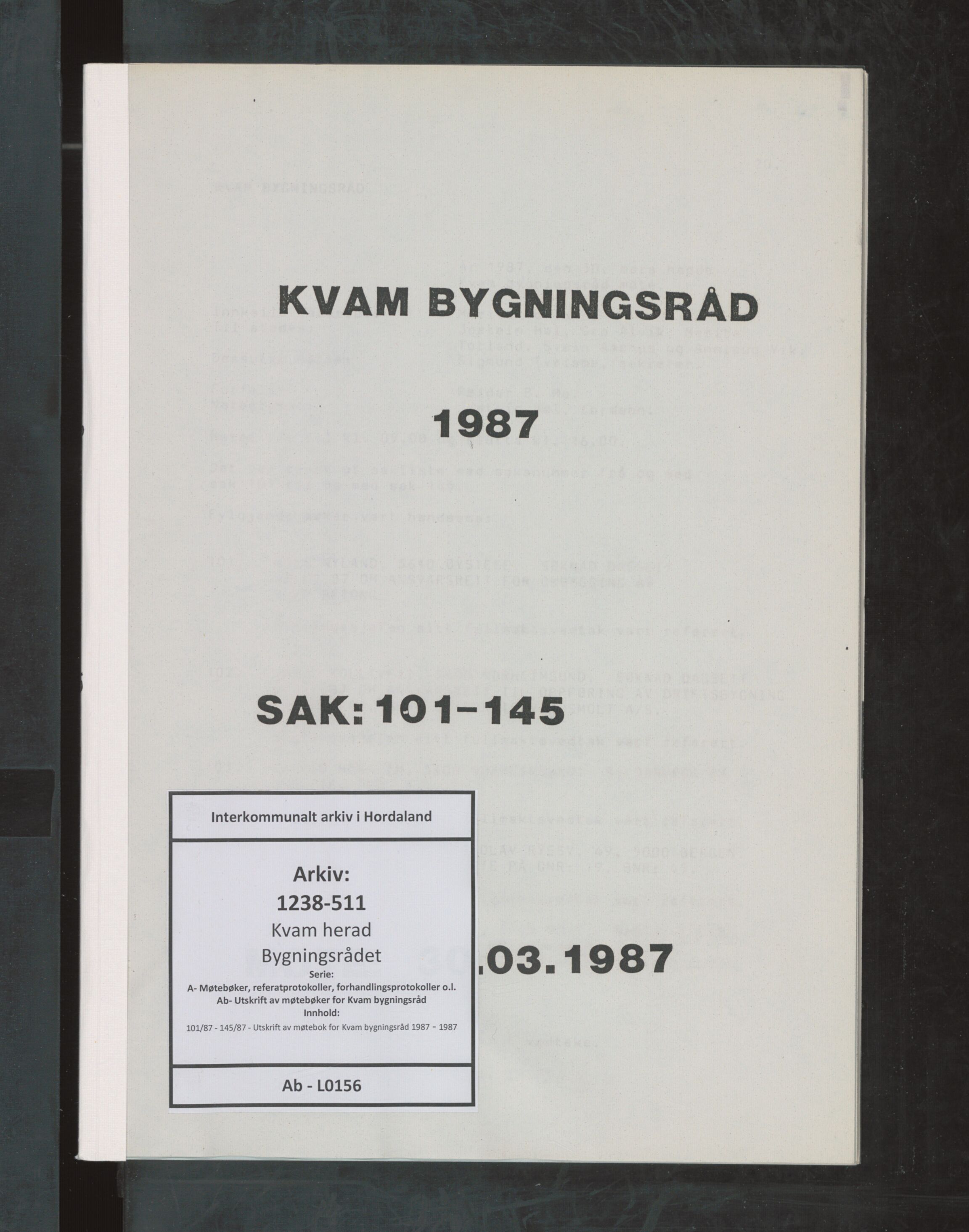 Kvam herad. Bygningsrådet, IKAH/1238-511/A/Ab/L0156: Utskrift av møtebok for Kvam bygningsråd, 1987