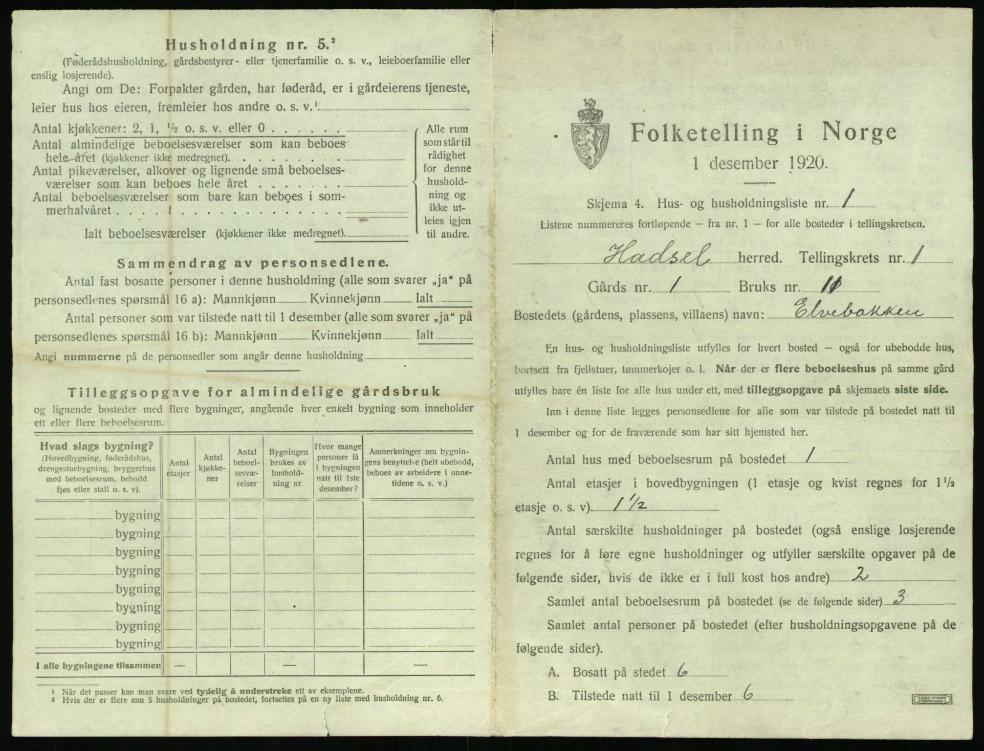 SAT, 1920 census for Hadsel, 1920, p. 100