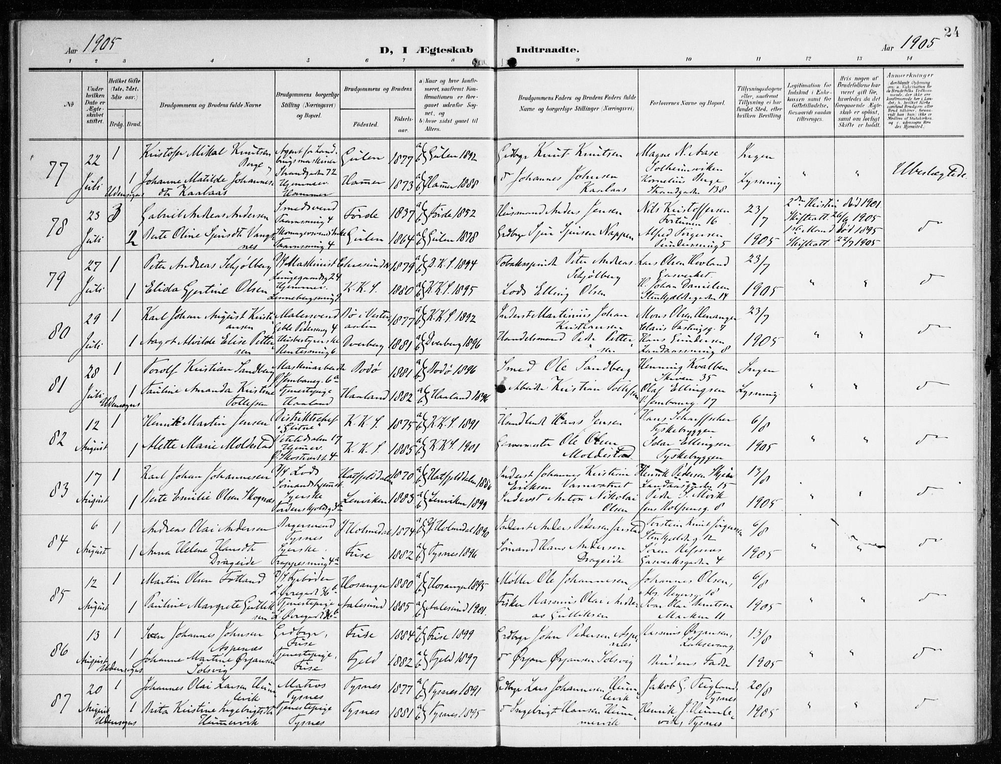 Korskirken sokneprestembete, AV/SAB-A-76101/H/Haa/L0038: Parish register (official) no. D 5, 1904-1919, p. 24