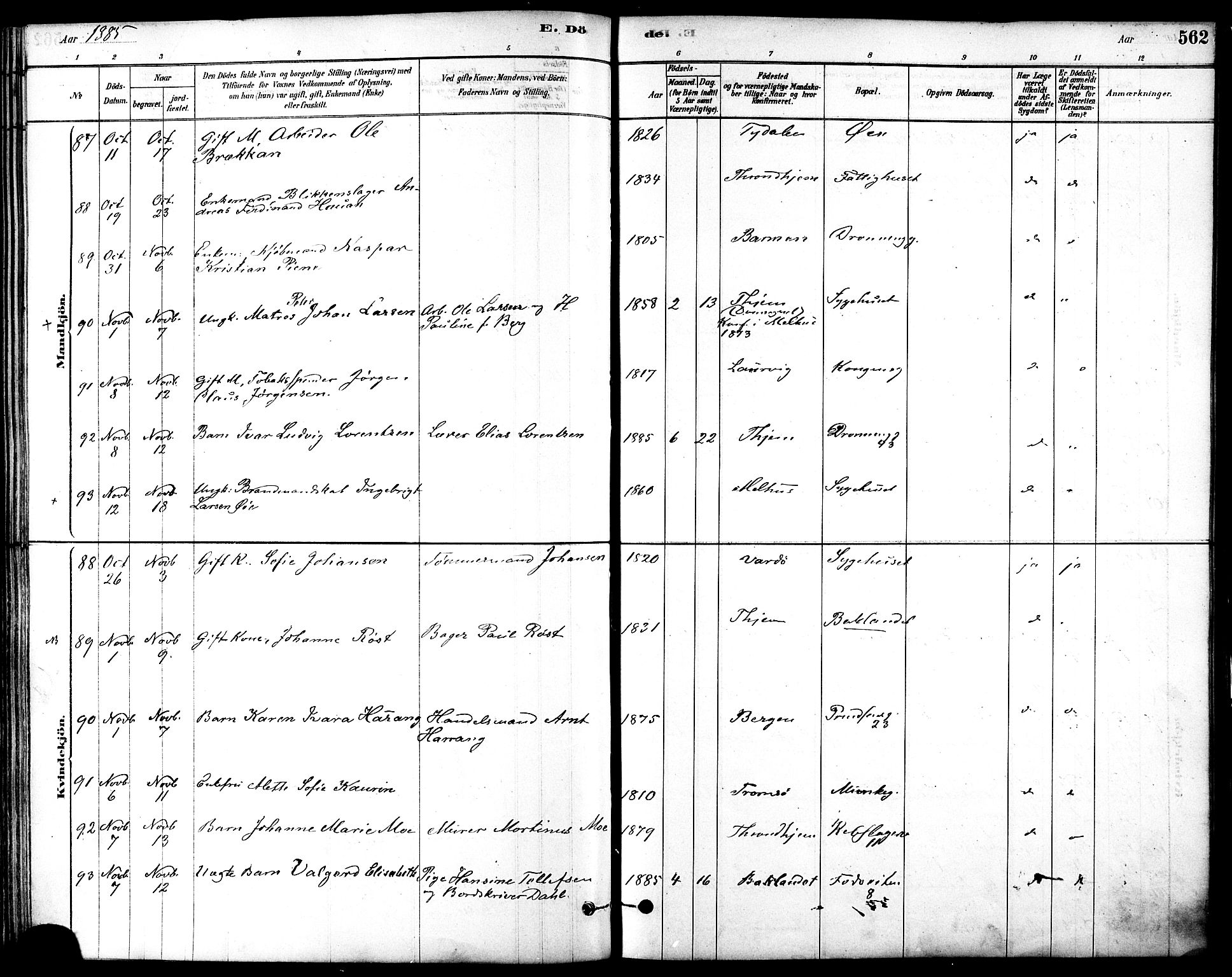 Ministerialprotokoller, klokkerbøker og fødselsregistre - Sør-Trøndelag, SAT/A-1456/601/L0058: Parish register (official) no. 601A26, 1877-1891, p. 562