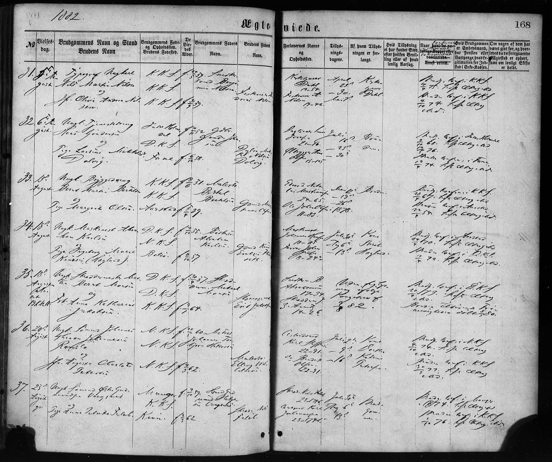 Korskirken sokneprestembete, SAB/A-76101/H/Haa/L0036: Parish register (official) no. D 3, 1867-1882, p. 168