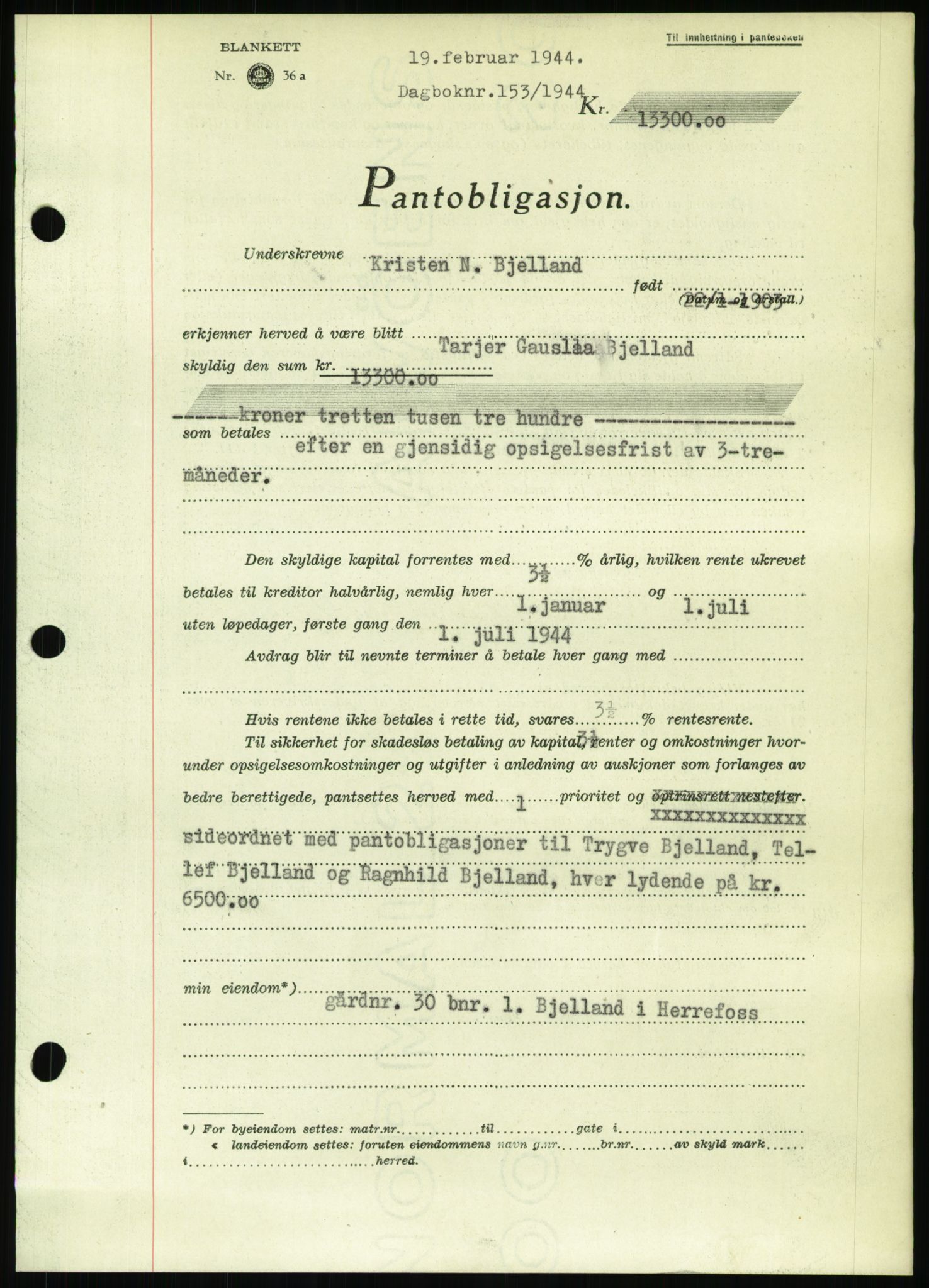 Nedenes sorenskriveri, AV/SAK-1221-0006/G/Gb/Gbb/L0002: Mortgage book no. II, 1942-1945, Diary no: : 153/1944