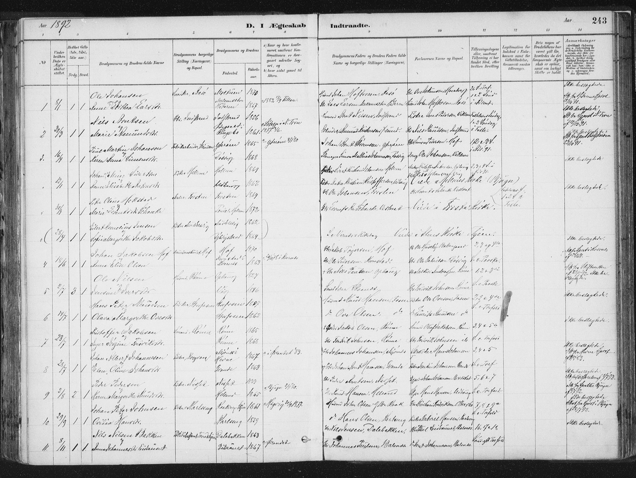 Ministerialprotokoller, klokkerbøker og fødselsregistre - Sør-Trøndelag, SAT/A-1456/659/L0739: Parish register (official) no. 659A09, 1879-1893, p. 243