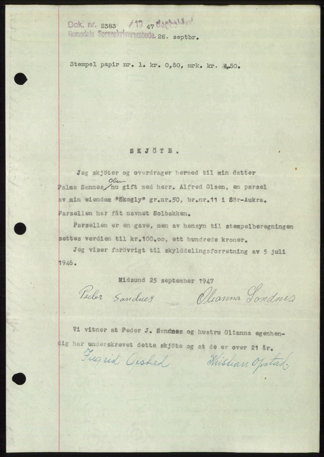 Romsdal sorenskriveri, SAT/A-4149/1/2/2C: Mortgage book no. A24, 1947-1947, Diary no: : 2383/1947