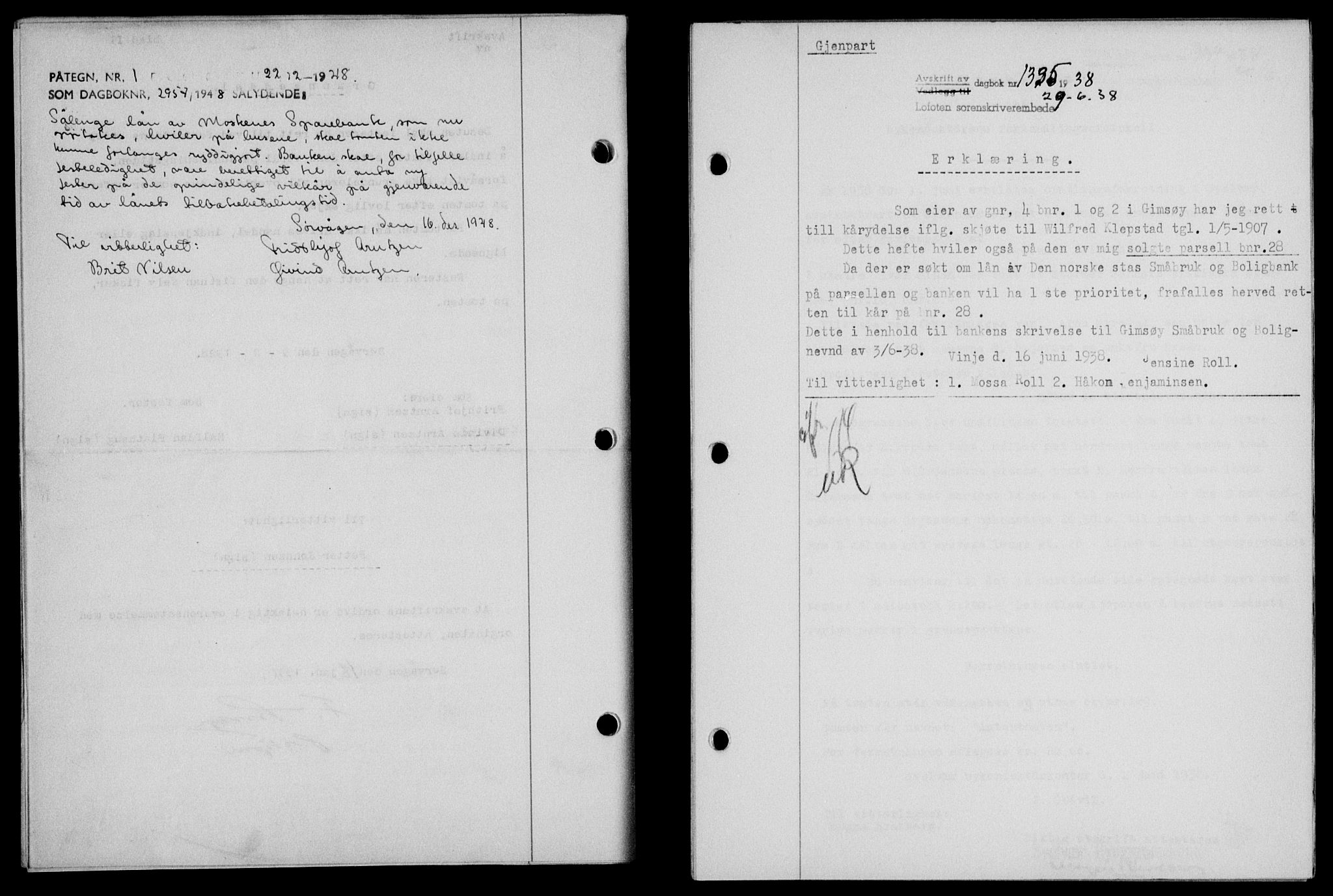 Lofoten sorenskriveri, SAT/A-0017/1/2/2C/L0004a: Mortgage book no. 4a, 1938-1938, Diary no: : 1335/1938