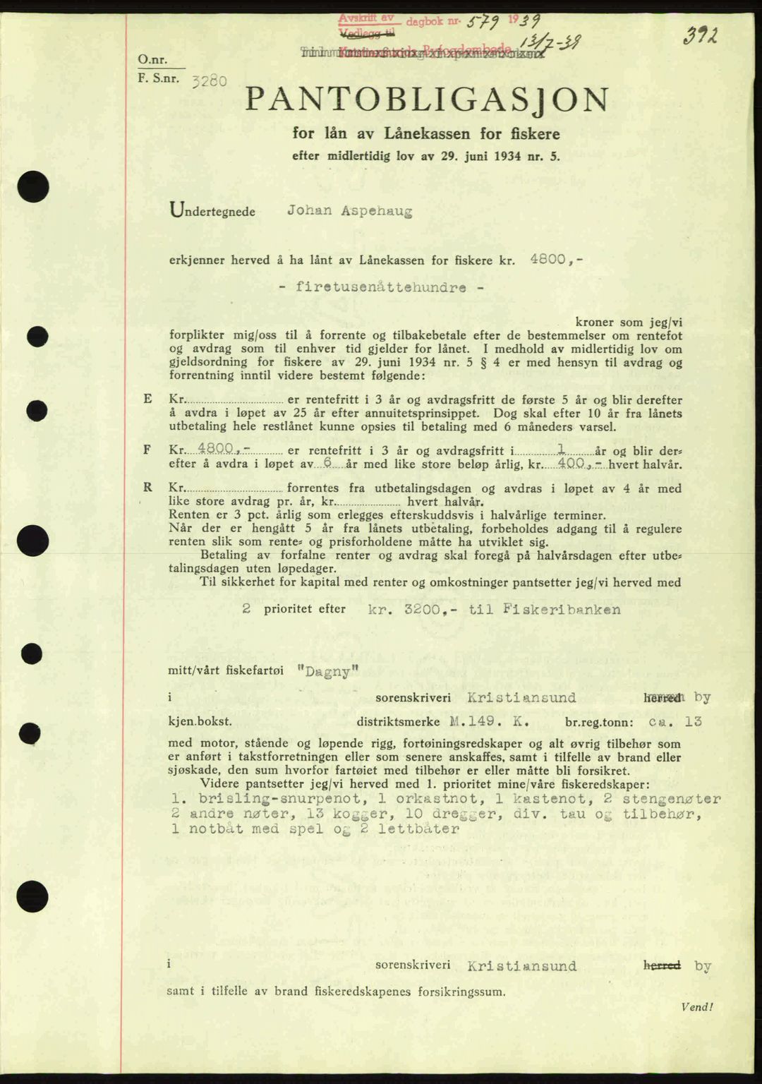 Kristiansund byfogd, SAT/A-4587/A/27: Mortgage book no. 31, 1938-1939, Diary no: : 579/1939