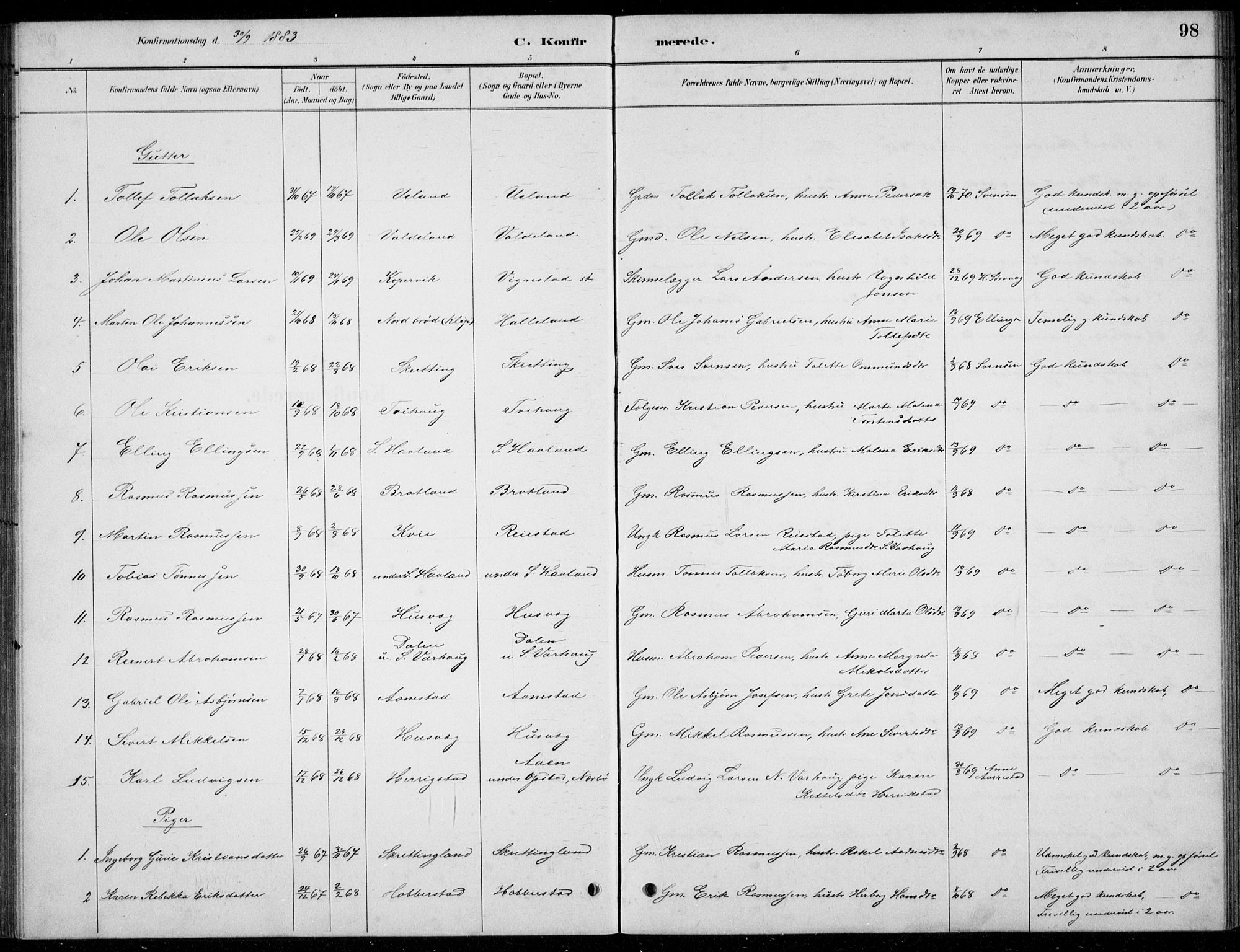 Hå sokneprestkontor, AV/SAST-A-101801/001/30BB/L0004: Parish register (copy) no. B 4, 1883-1899, p. 98