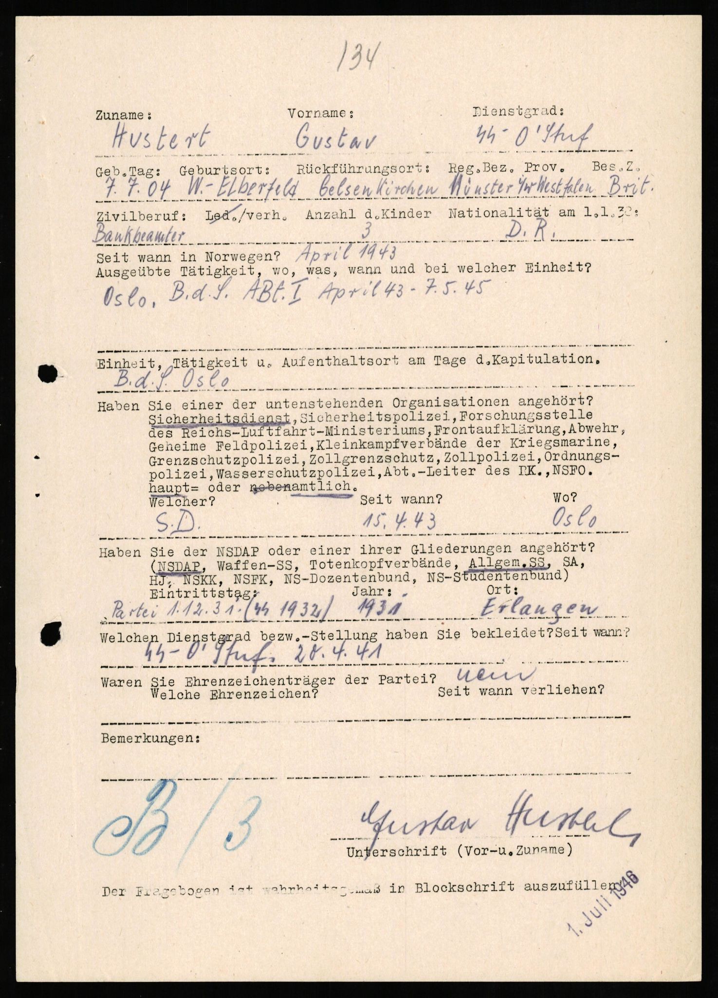 Forsvaret, Forsvarets overkommando II, AV/RA-RAFA-3915/D/Db/L0014: CI Questionaires. Tyske okkupasjonsstyrker i Norge. Tyskere., 1945-1946, p. 144