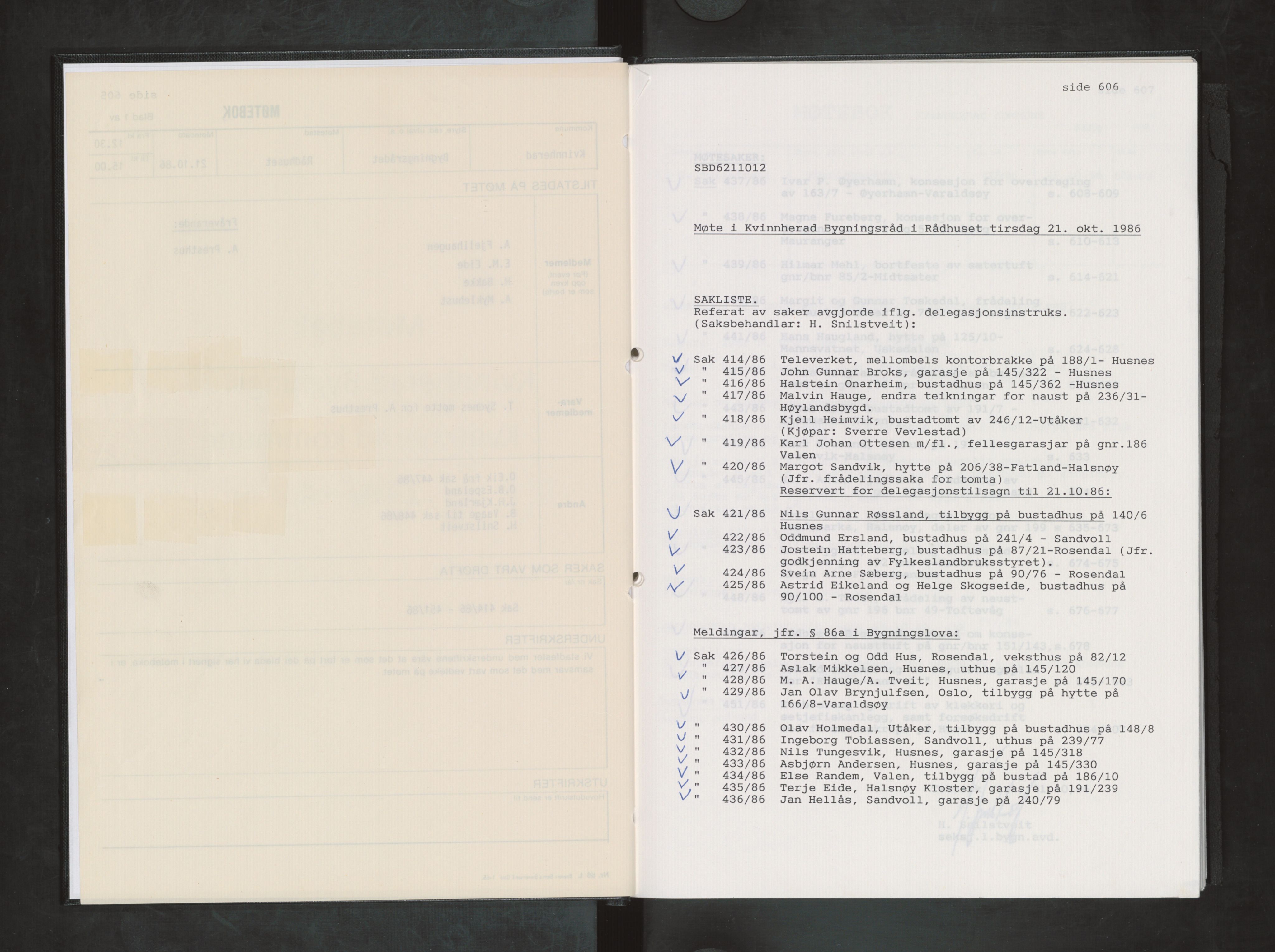 Kvinnherad kommune. Bygningsrådet , IKAH/1224-511/A/Aa/L0051: Møtebok for Kvinnherad bygningsråd, 1986