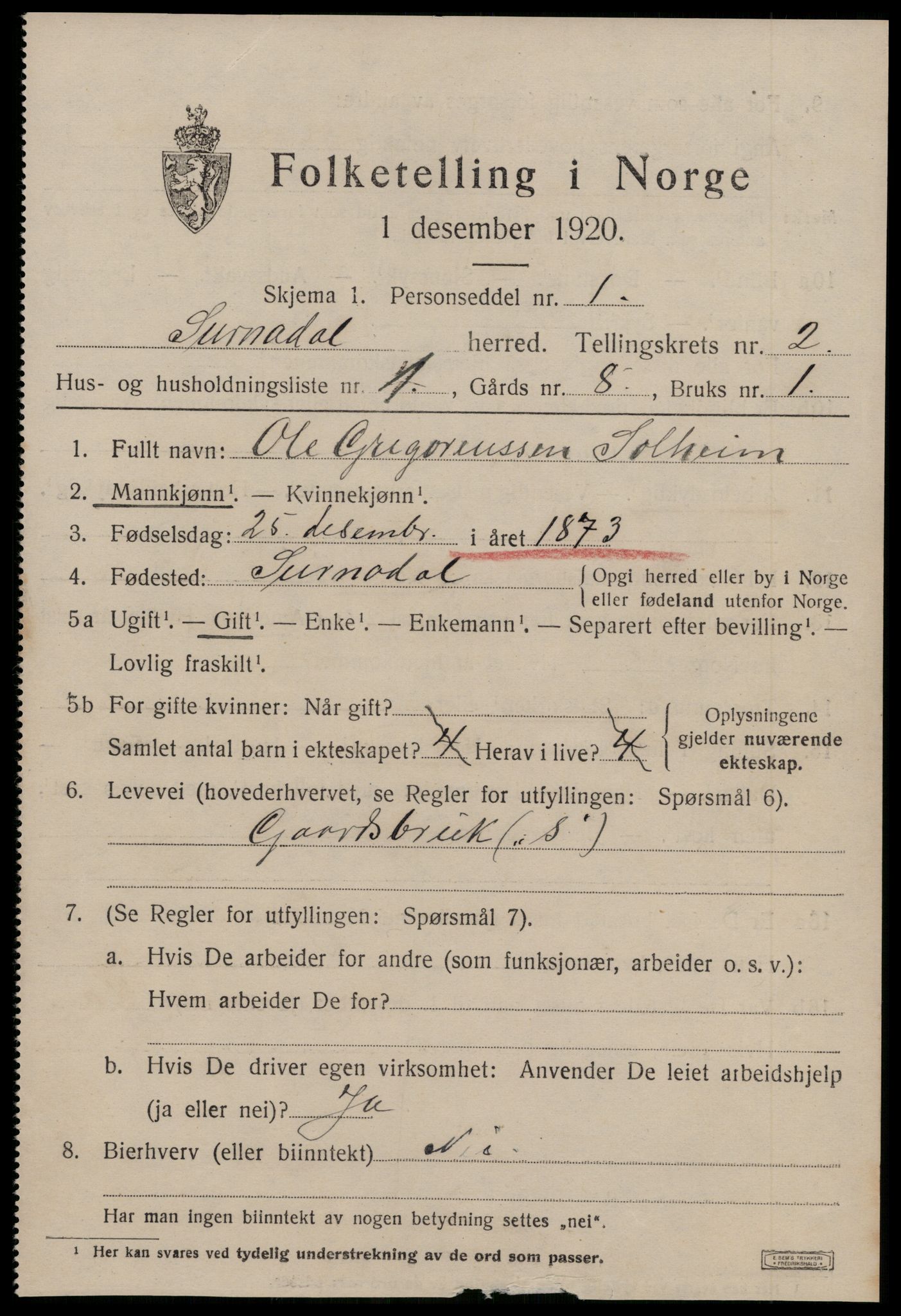 SAT, 1920 census for Surnadal, 1920, p. 1743