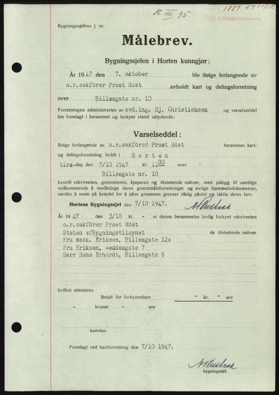 Horten sorenskriveri, AV/SAKO-A-133/G/Ga/Gaa/L0010: Mortgage book no. A-10, 1947-1948, Diary no: : 1887/1947