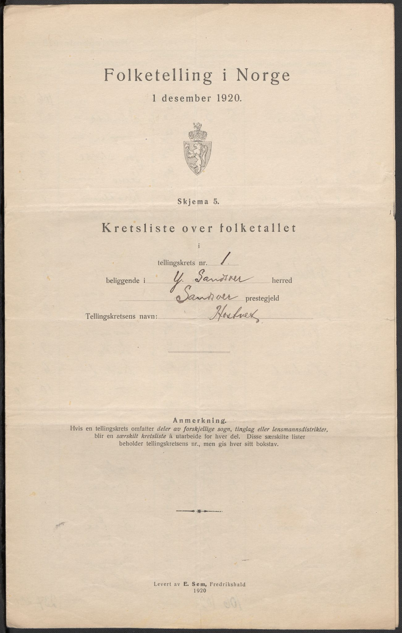 SAKO, 1920 census for Ytre Sandsvær, 1920, p. 5