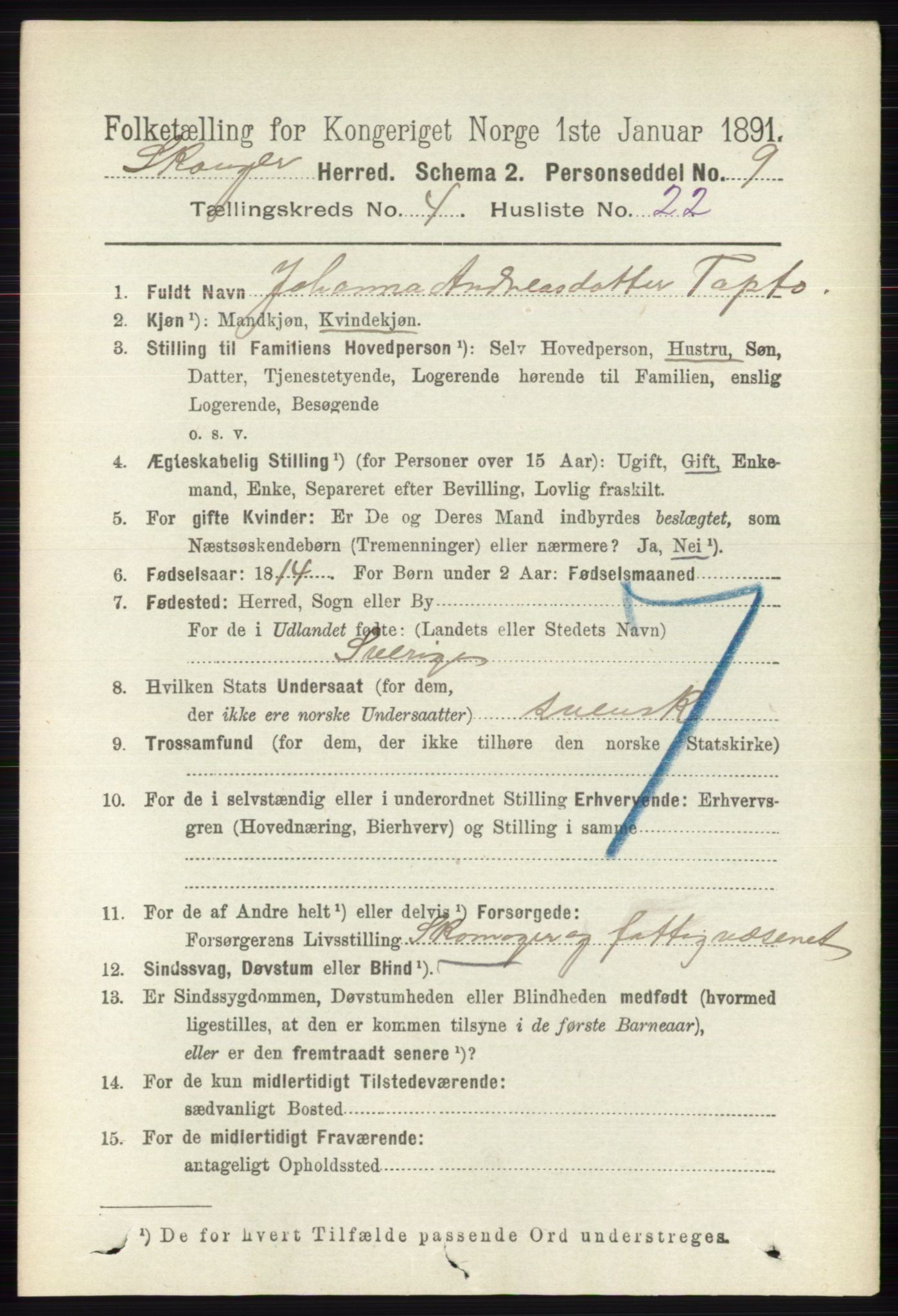 RA, 1891 census for 0712 Skoger, 1891, p. 2422