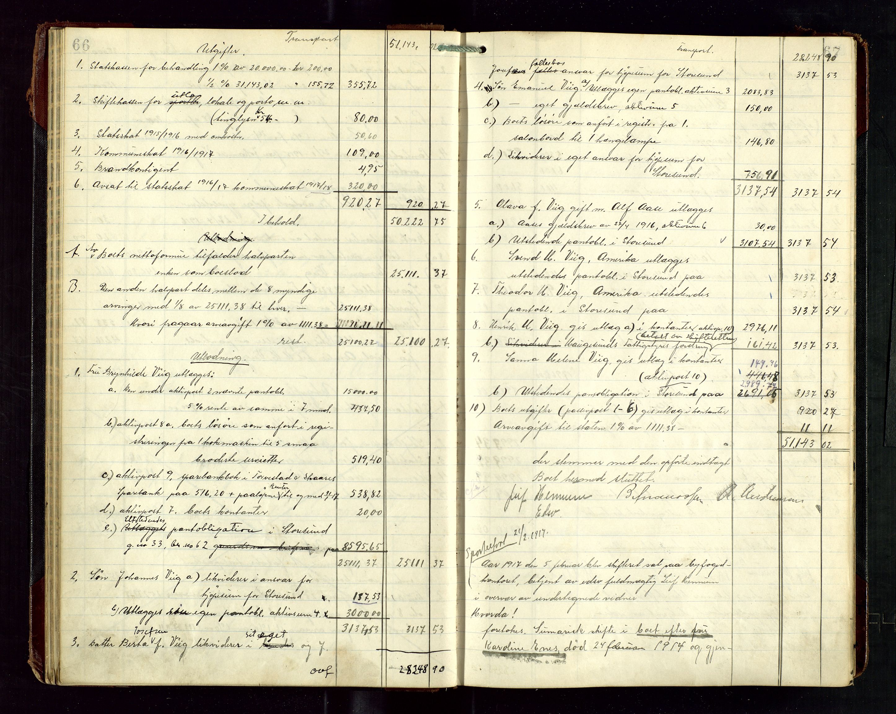 Haugesund tingrett, AV/SAST-A-101415/01/IV/IVD/L0003: Skifteutlodningsprotokoll, med register, 1915-1924, p. 66-67