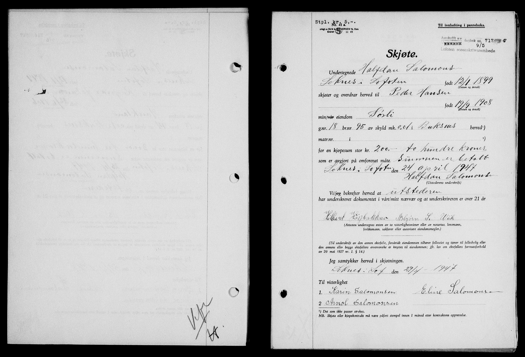 Lofoten sorenskriveri, SAT/A-0017/1/2/2C/L0016a: Mortgage book no. 16a, 1947-1947, Diary no: : 717/1947