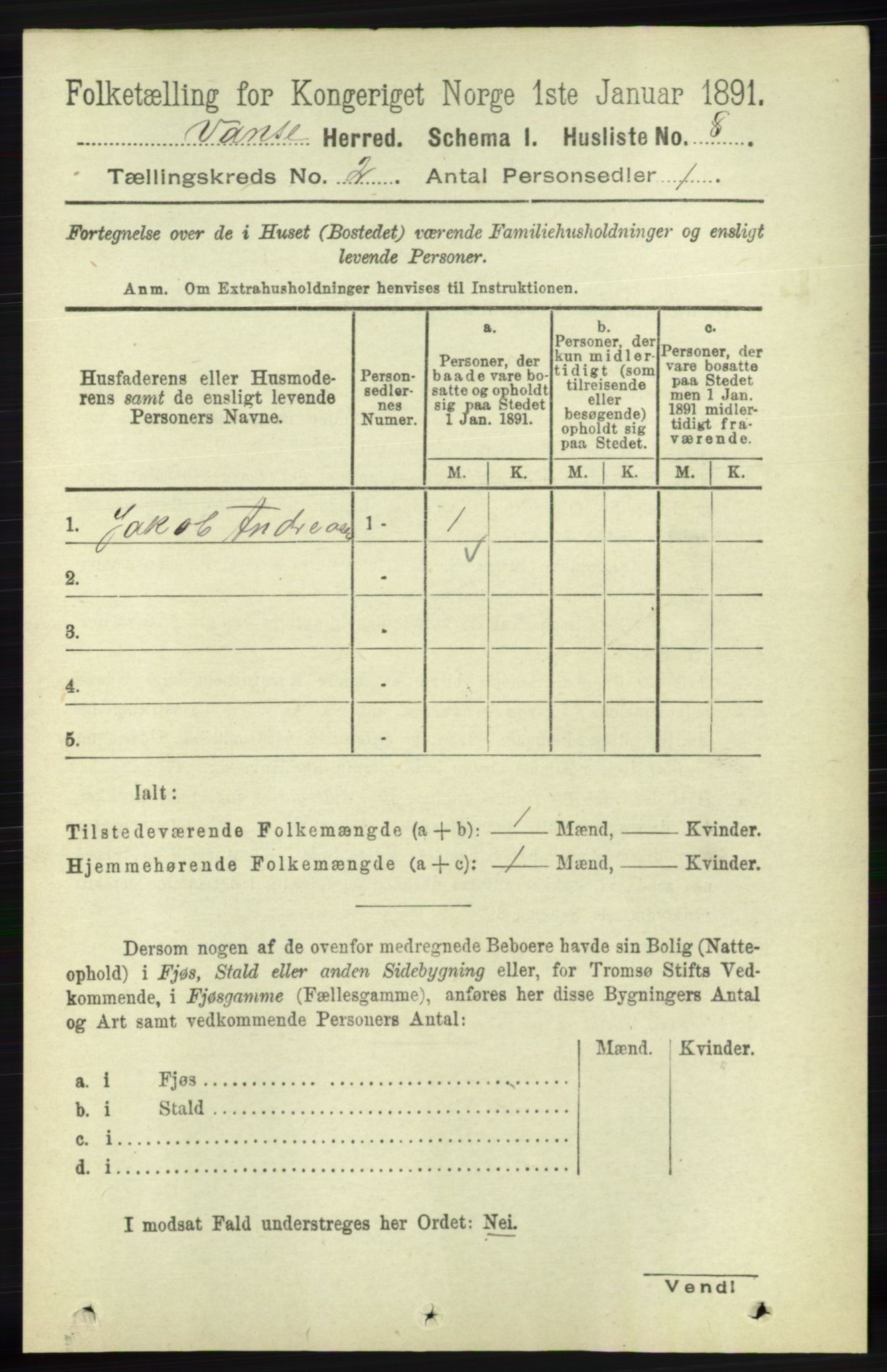 RA, 1891 census for 1041 Vanse, 1891, p. 472