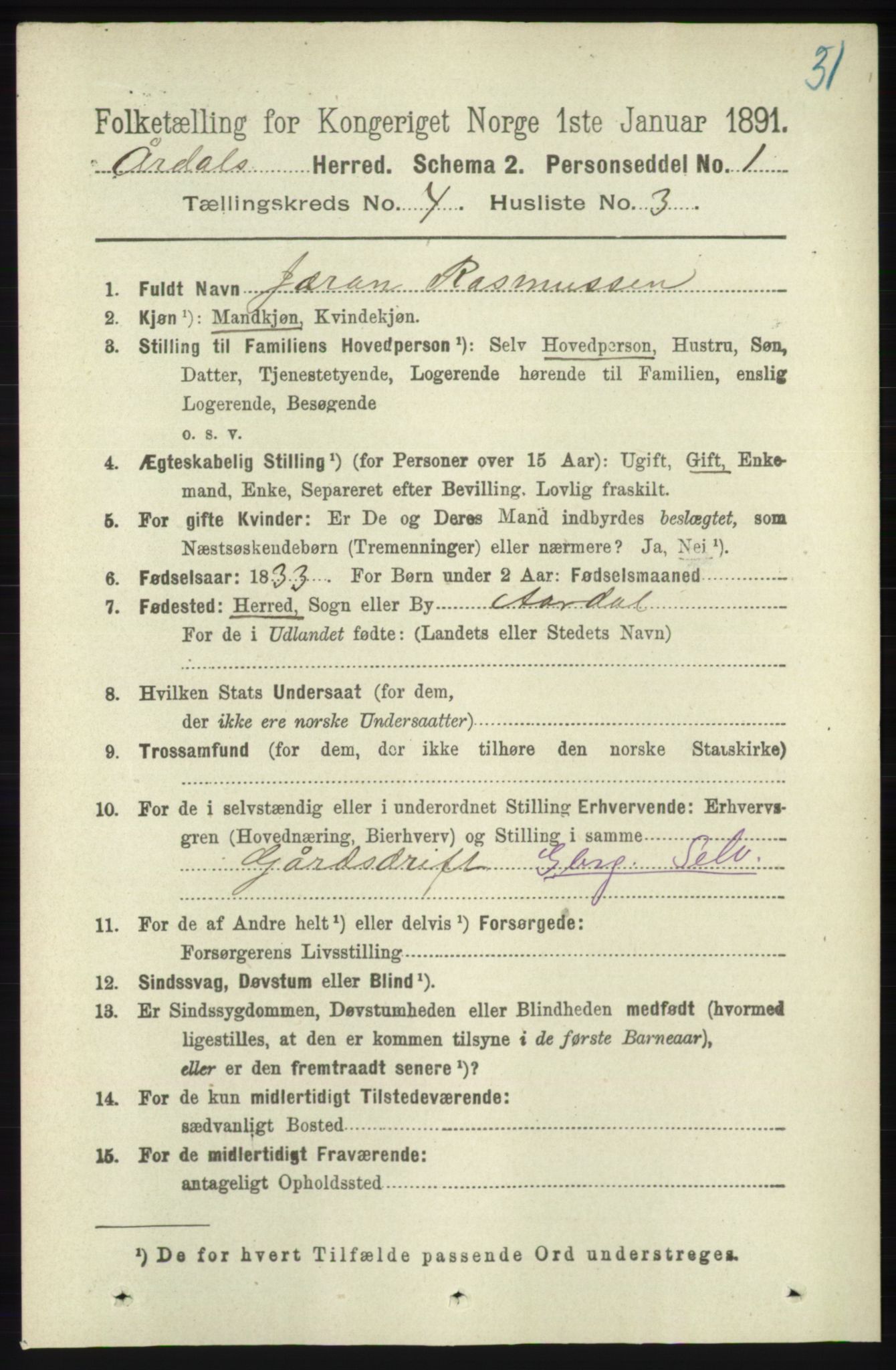 RA, 1891 census for 1131 Årdal, 1891, p. 1097