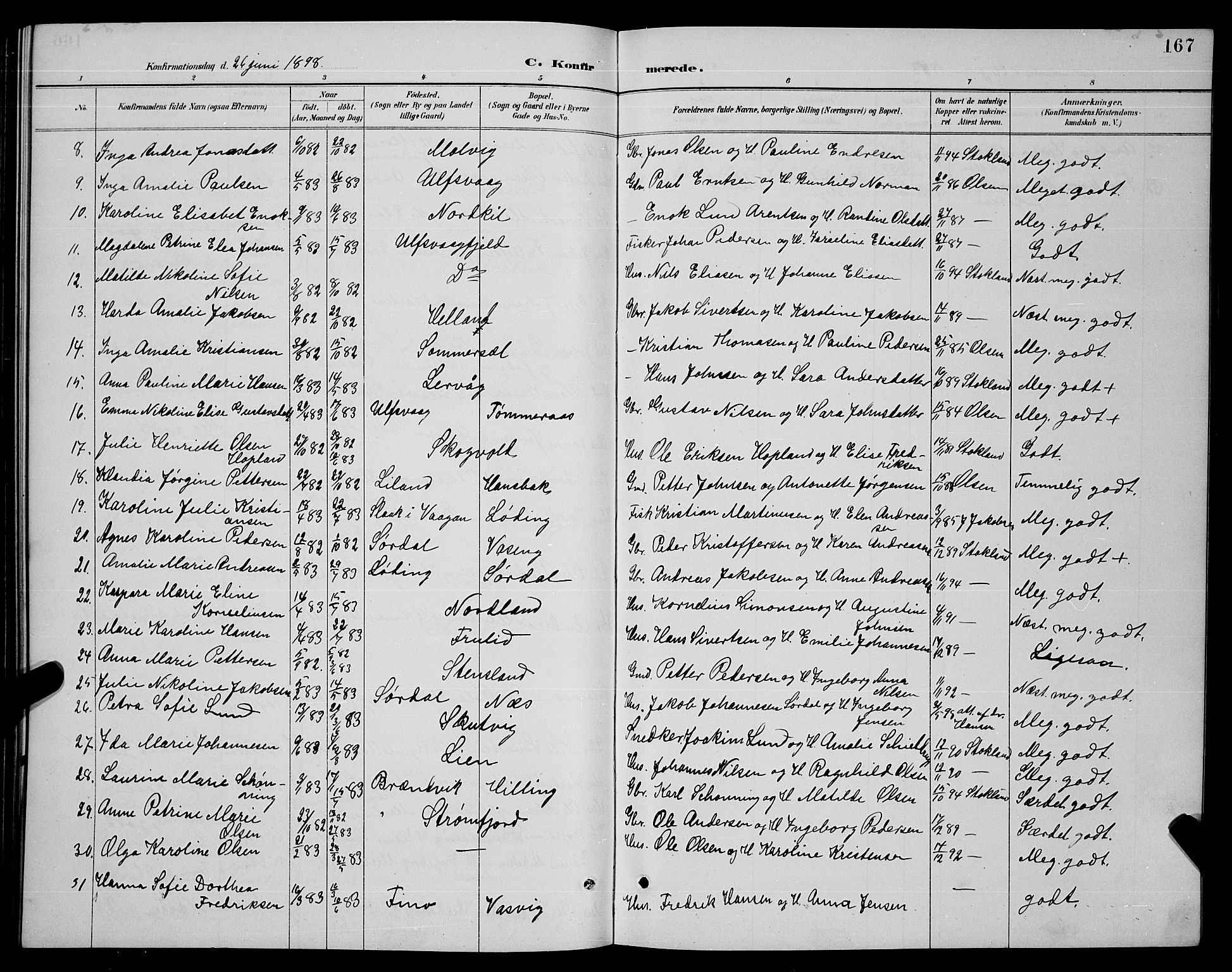 Ministerialprotokoller, klokkerbøker og fødselsregistre - Nordland, SAT/A-1459/859/L0859: Parish register (copy) no. 859C05, 1887-1898, p. 167