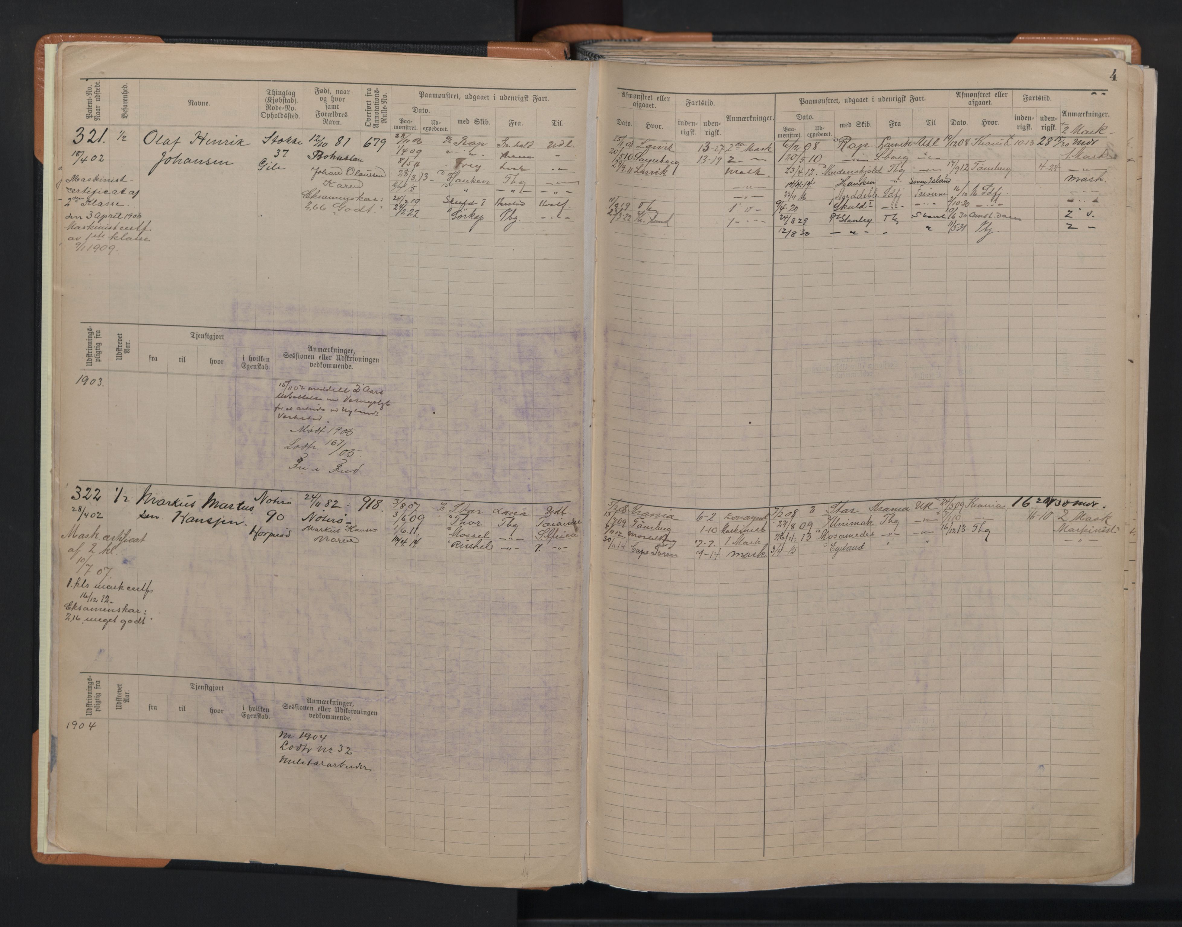 Tønsberg innrulleringskontor, AV/SAKO-A-786/F/Fe/L0004: Maskinist- og fyrbøterrulle Patent nr. 315-1079, 1902-1922, p. 4