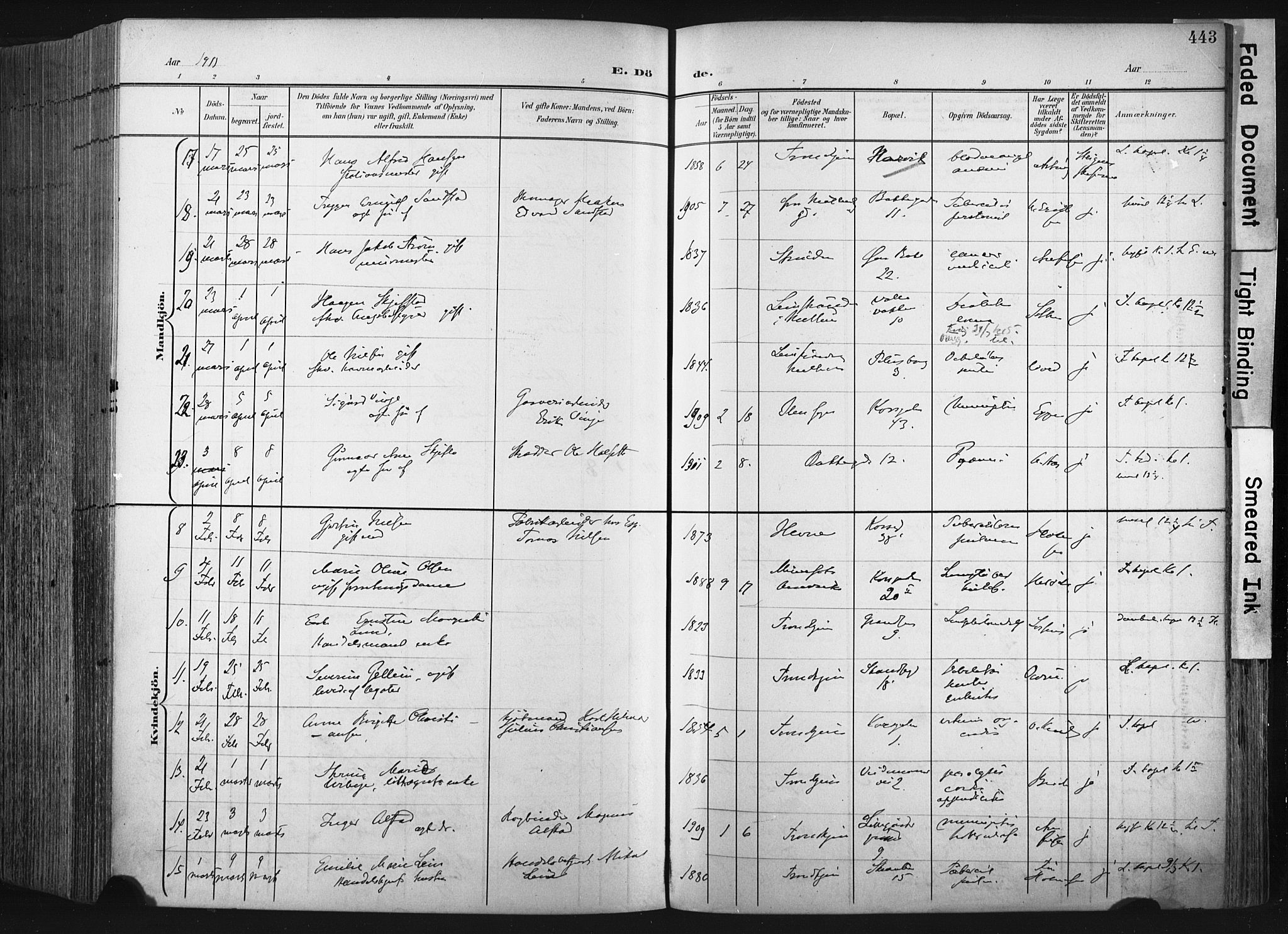 Ministerialprotokoller, klokkerbøker og fødselsregistre - Sør-Trøndelag, AV/SAT-A-1456/604/L0201: Parish register (official) no. 604A21, 1901-1911, p. 443