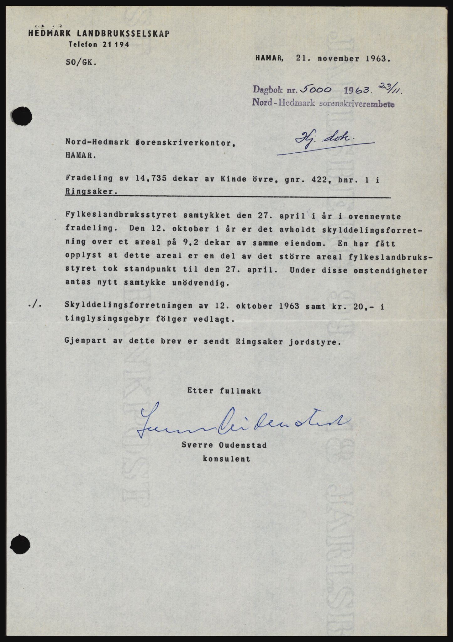 Nord-Hedmark sorenskriveri, SAH/TING-012/H/Hc/L0019: Mortgage book no. 19, 1963-1964, Diary no: : 5000/1963