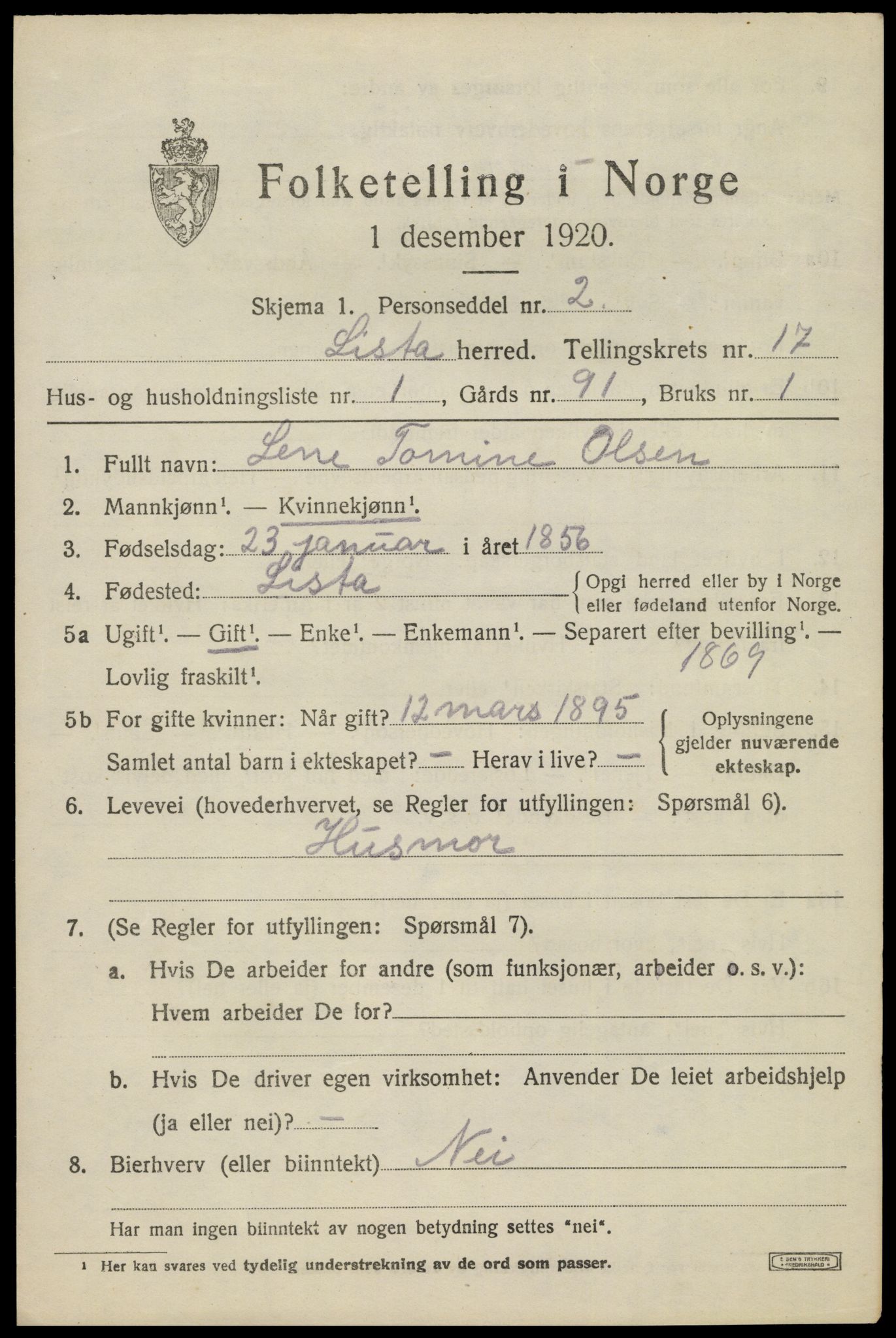 SAK, 1920 census for Lista, 1920, p. 13419