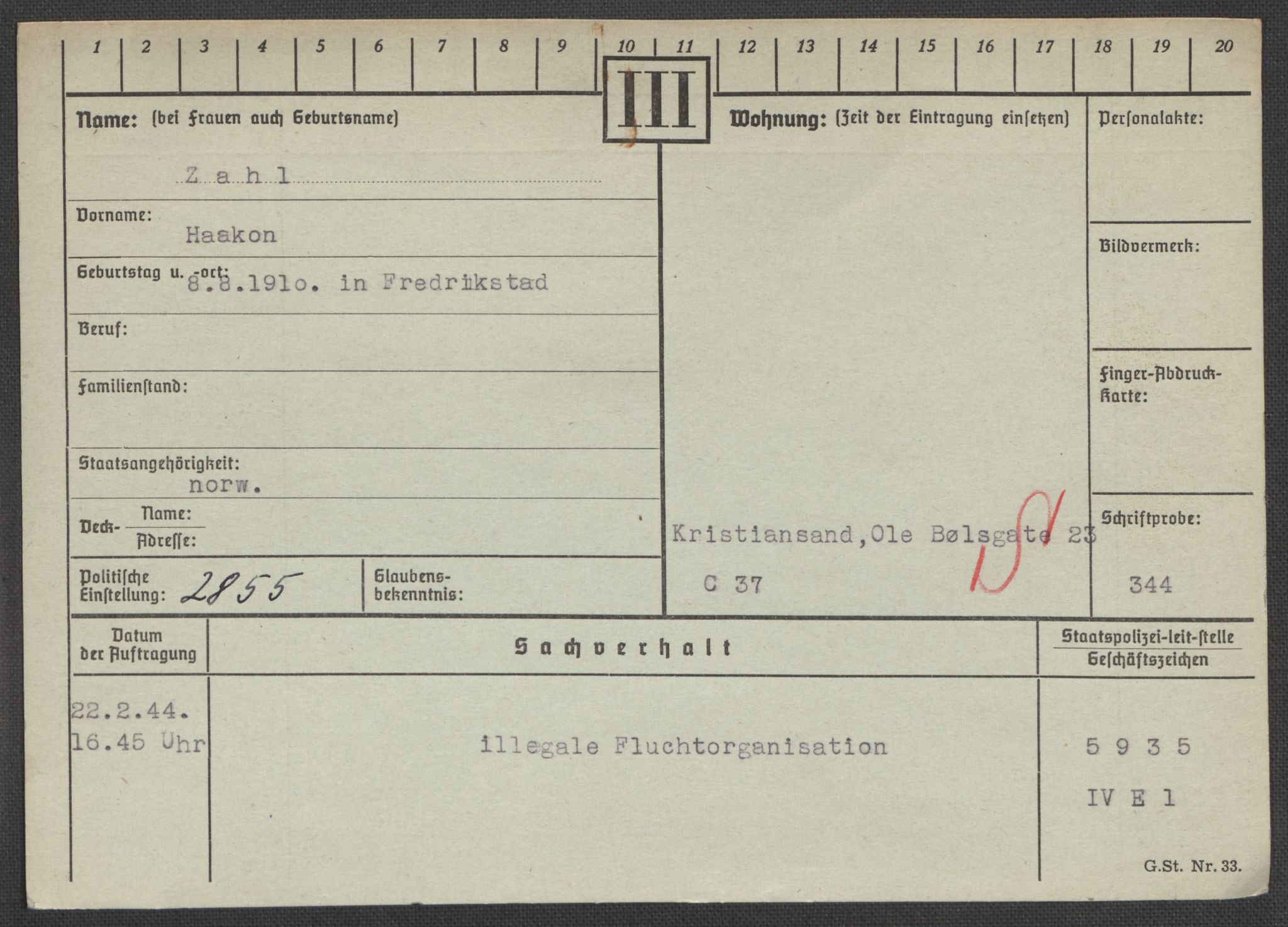 Befehlshaber der Sicherheitspolizei und des SD, AV/RA-RAFA-5969/E/Ea/Eaa/L0010: Register over norske fanger i Møllergata 19: Sø-Å, 1940-1945, p. 1170