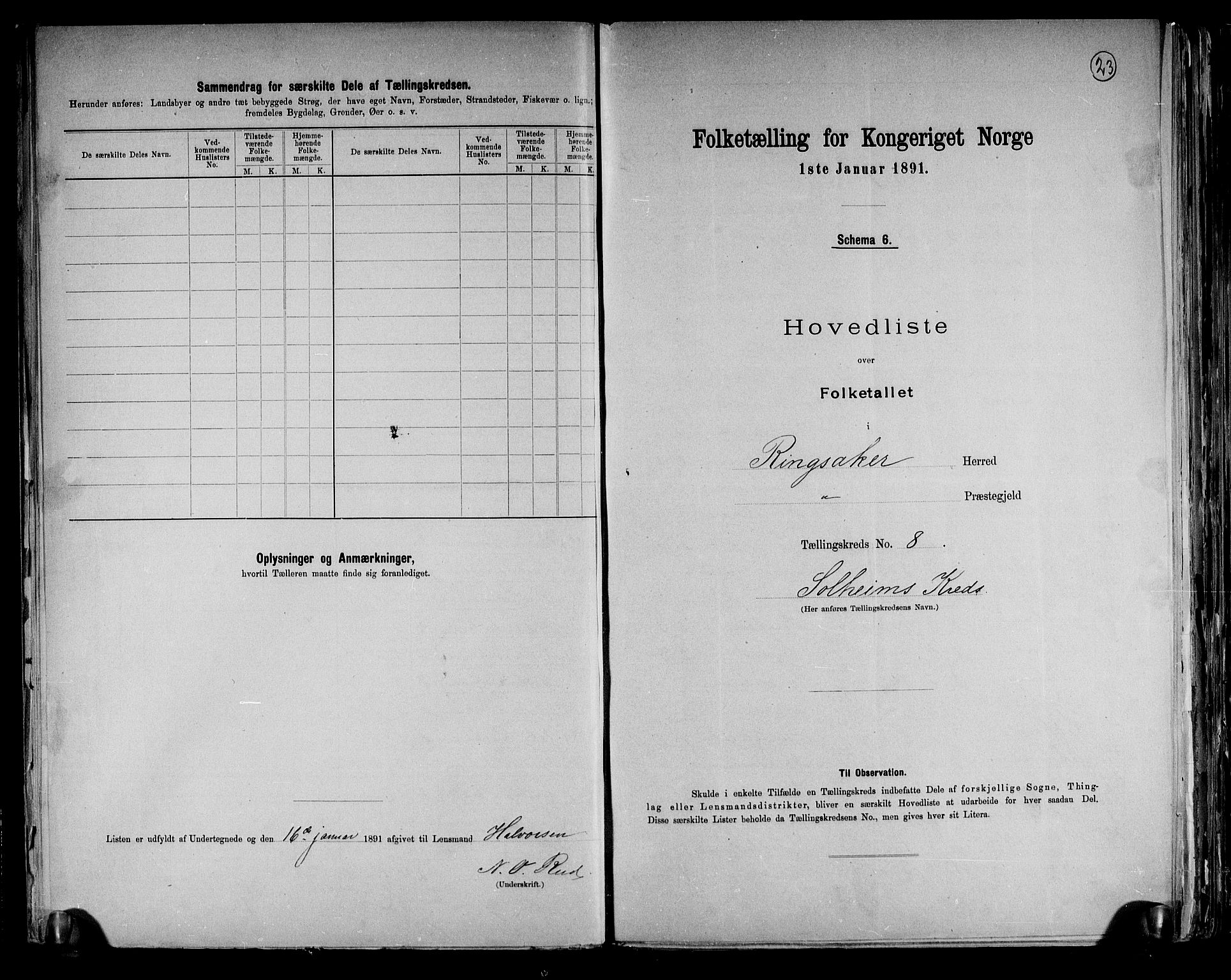 RA, 1891 census for 0412 Ringsaker, 1891, p. 23