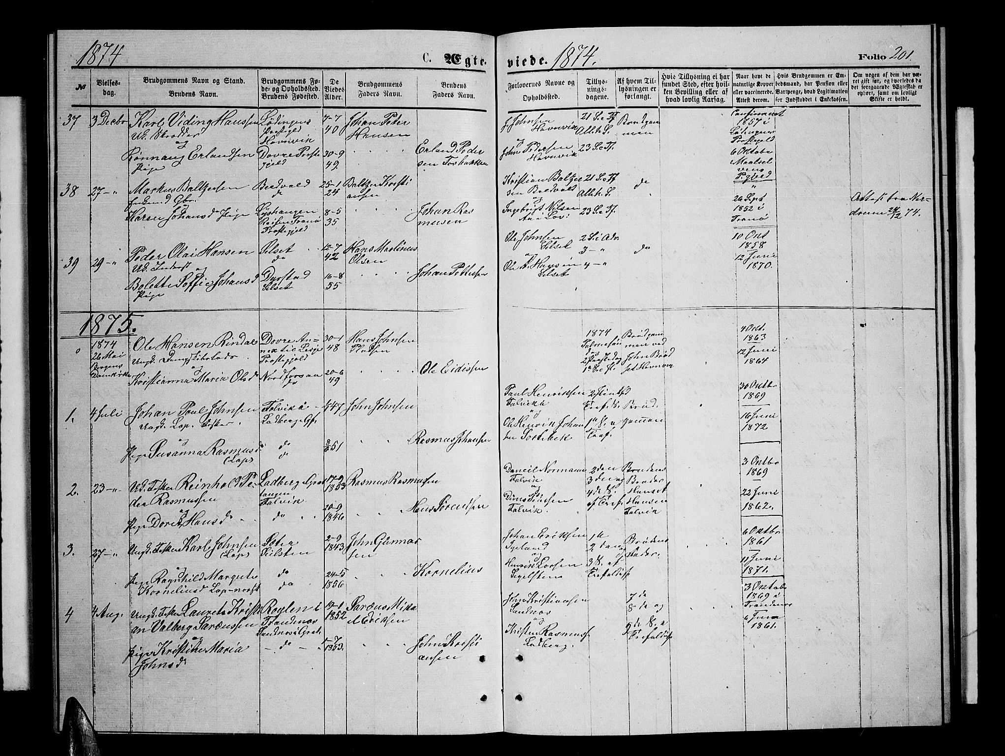 Ibestad sokneprestembete, SATØ/S-0077/H/Ha/Hab/L0006klokker: Parish register (copy) no. 6, 1871-1879, p. 201