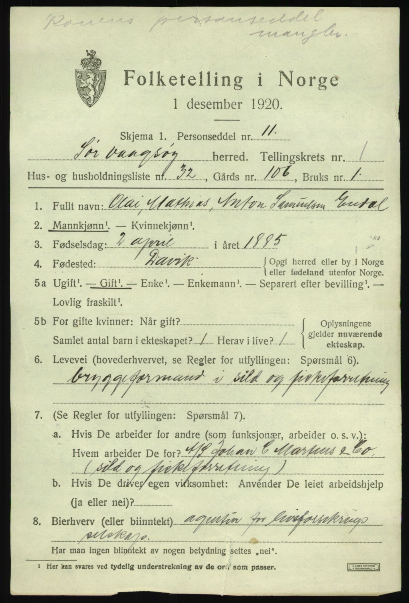 SAB, 1920 census for Sør-Vågsøy, 1920, p. 1042