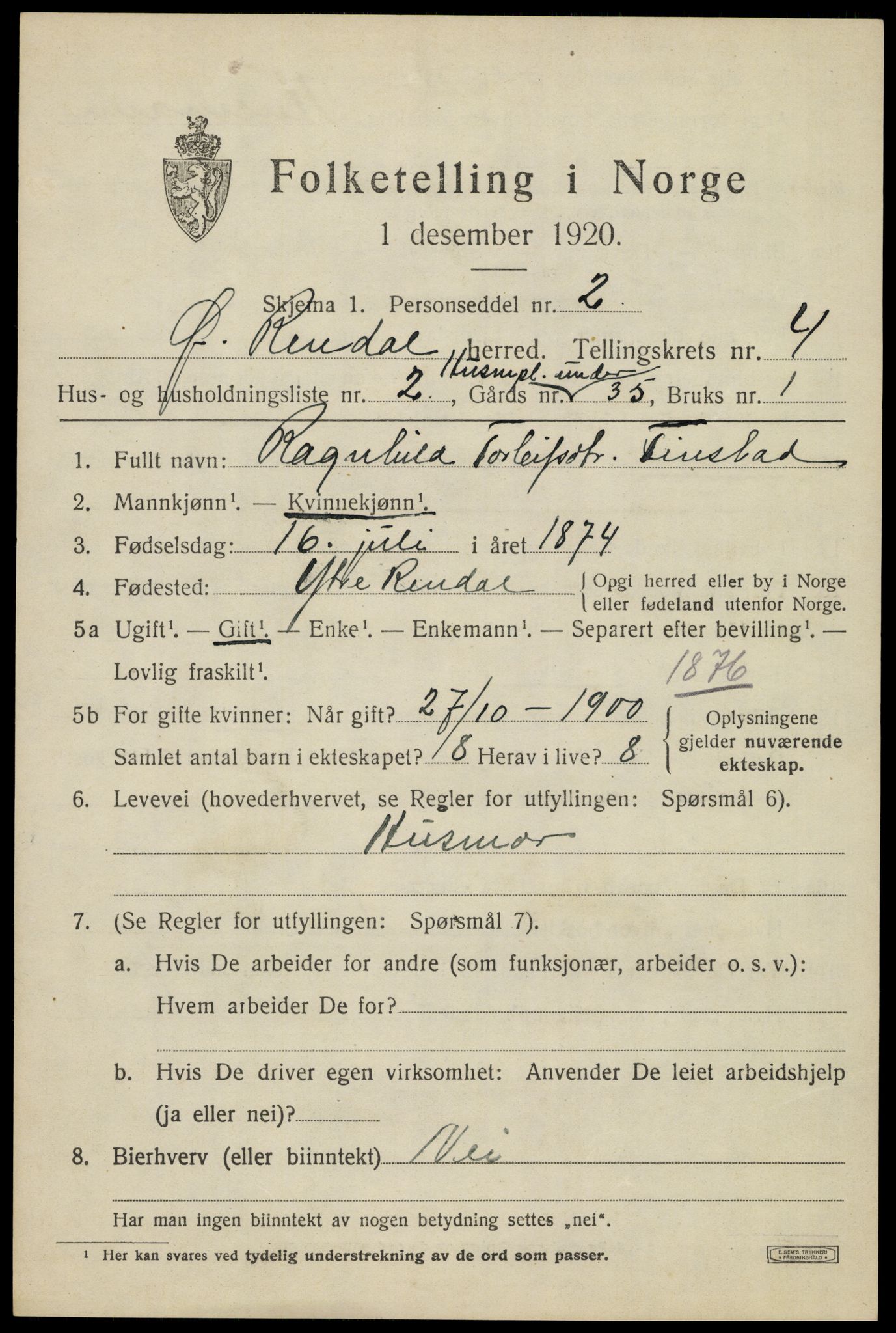 SAH, 1920 census for Øvre Rendal, 1920, p. 1591