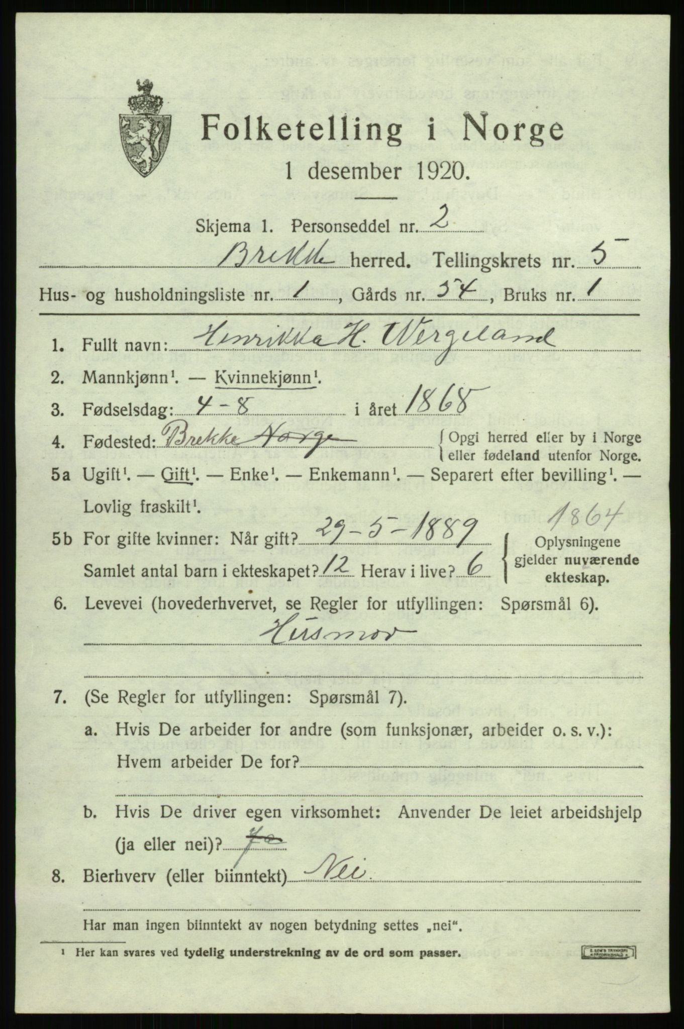 SAB, 1920 census for Brekke, 1920, p. 1064