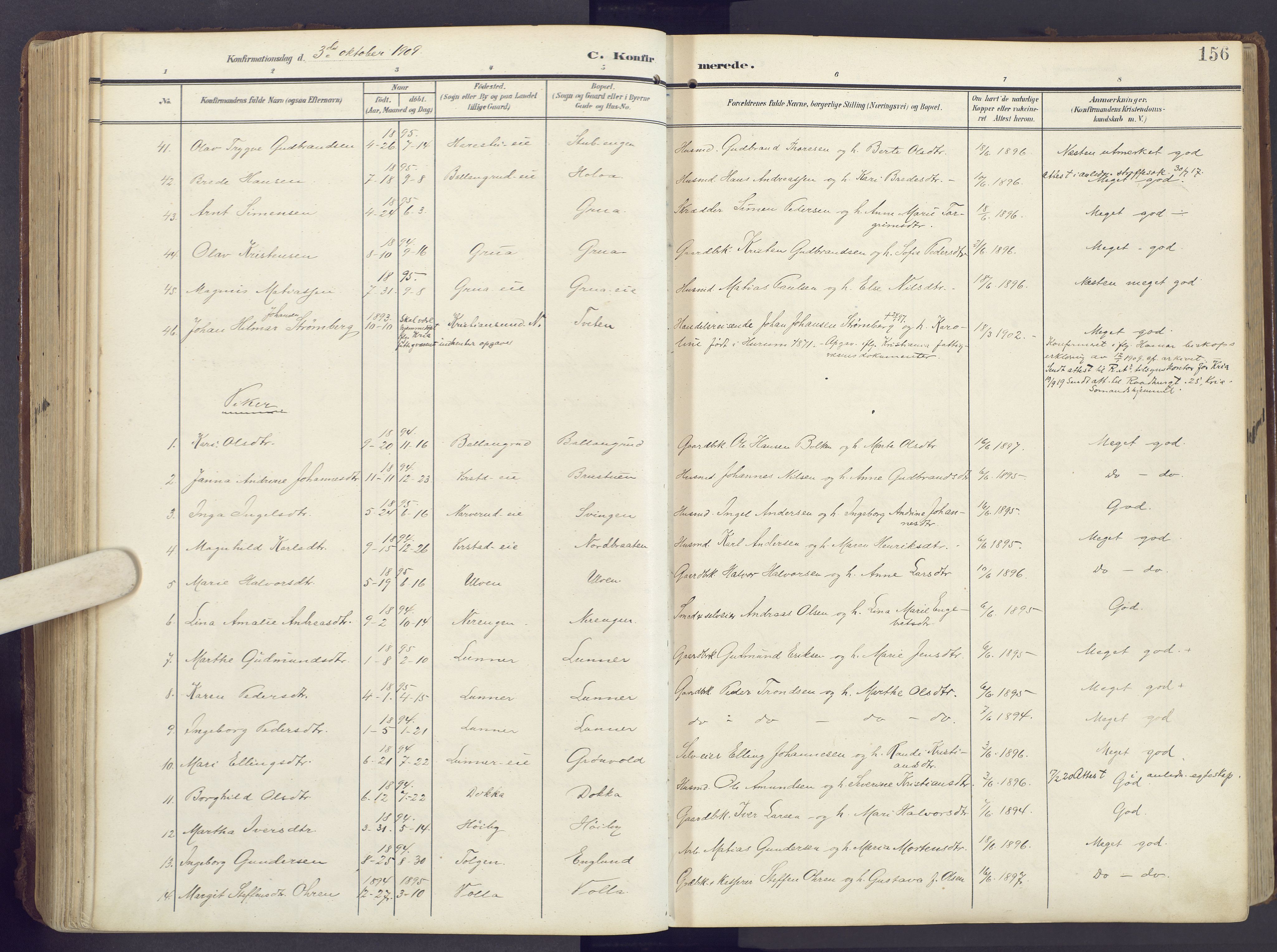 Lunner prestekontor, AV/SAH-PREST-118/H/Ha/Haa/L0001: Parish register (official) no. 1, 1907-1922, p. 156