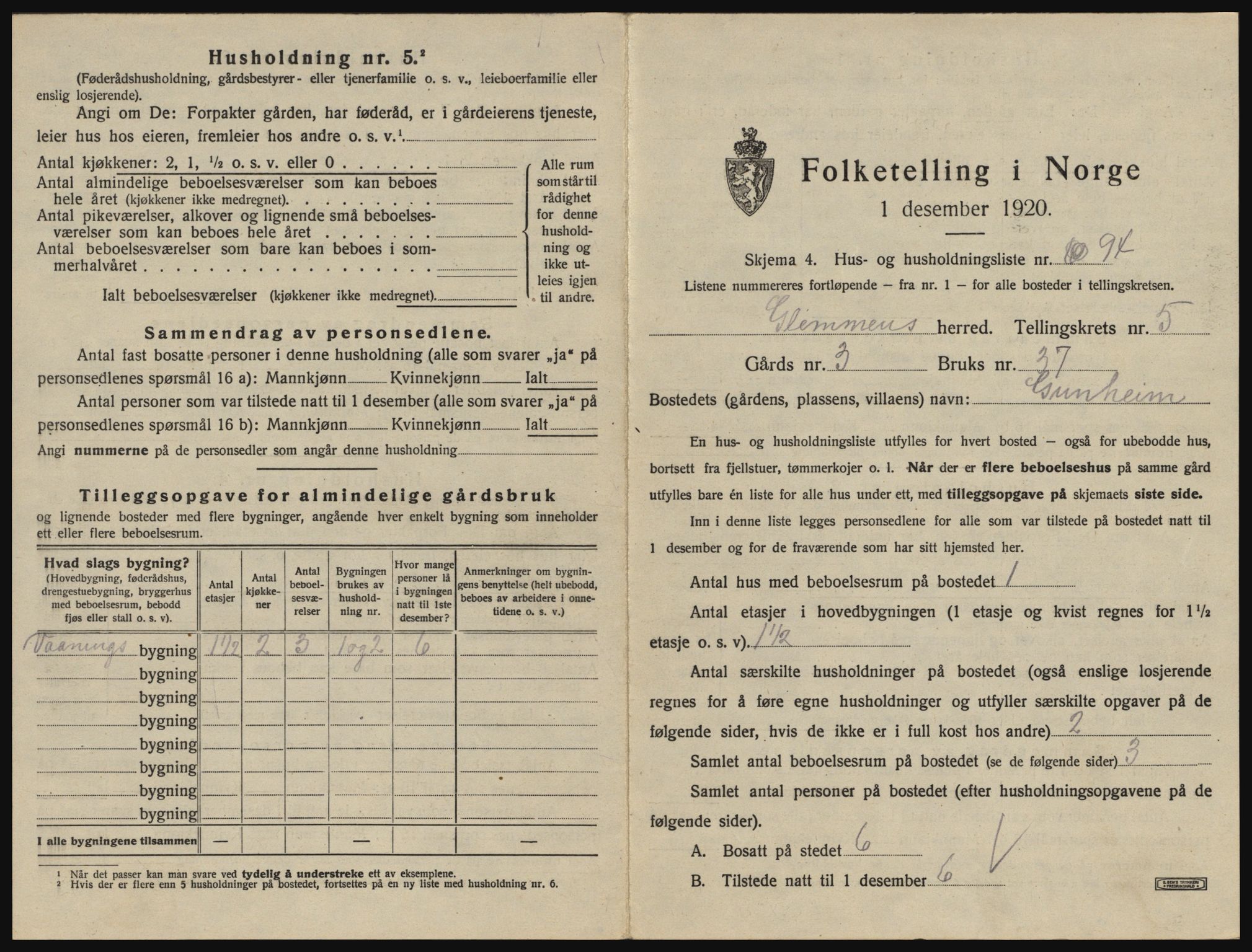 SAO, 1920 census for Glemmen, 1920, p. 1843