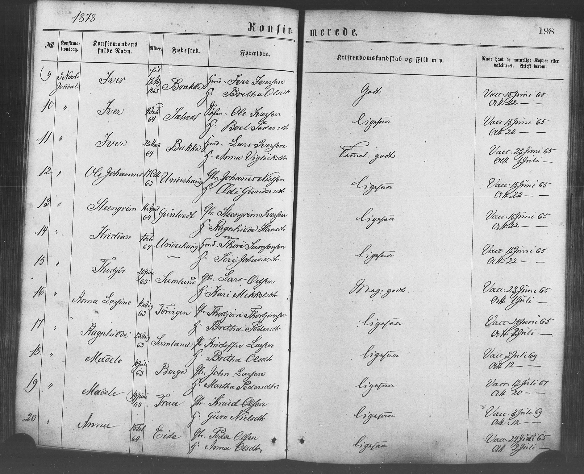 Strandebarm sokneprestembete, AV/SAB-A-78401/H/Haa: Parish register (official) no. A 9, 1872-1886, p. 198