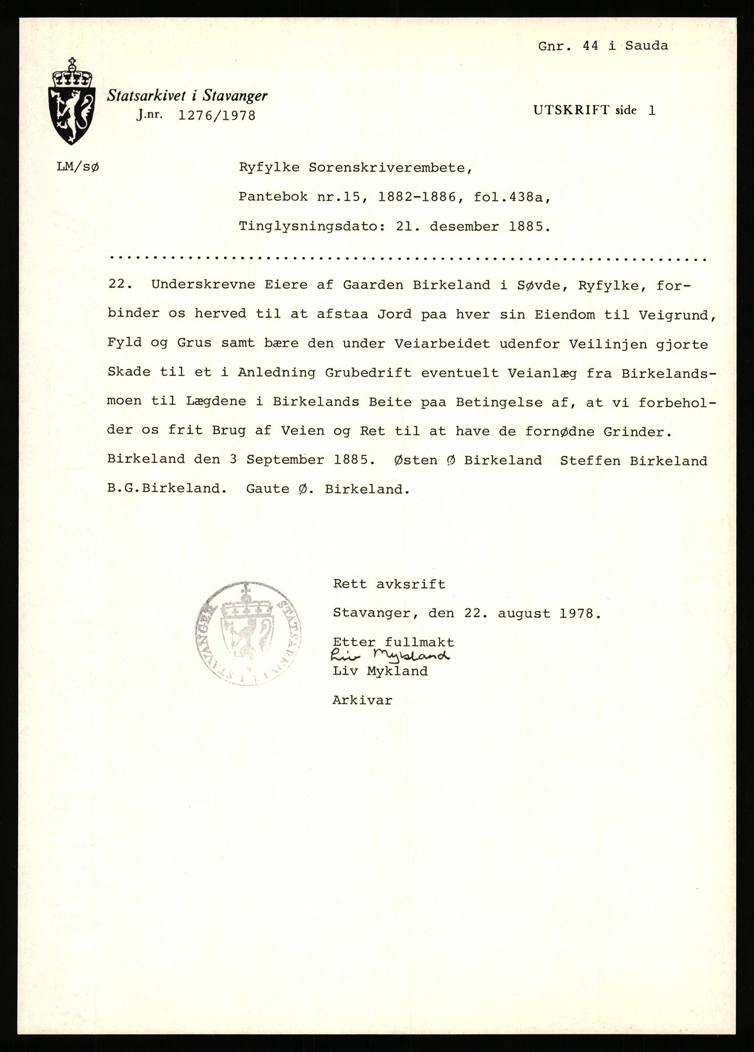 Statsarkivet i Stavanger, AV/SAST-A-101971/03/Y/Yj/L0008: Avskrifter sortert etter gårdsnavn: Birkeland indre - Bjerge, 1750-1930, p. 30
