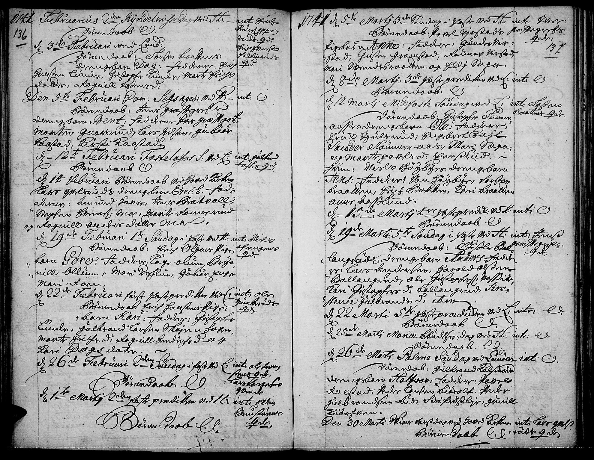 Jevnaker prestekontor, AV/SAH-PREST-116/H/Ha/Haa/L0002: Parish register (official) no. 2, 1725-1751, p. 136-137