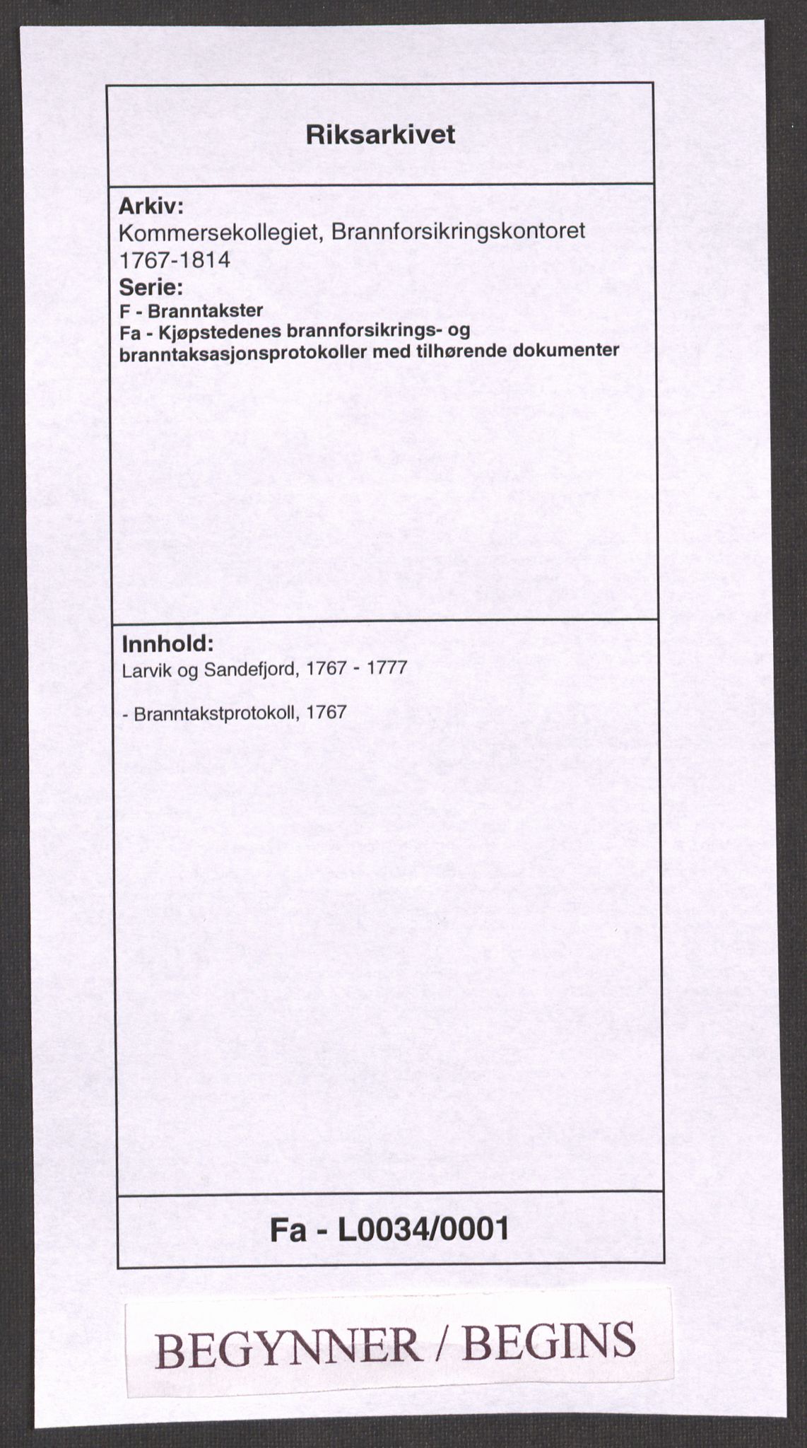 Kommersekollegiet, Brannforsikringskontoret 1767-1814, AV/RA-EA-5458/F/Fa/L0034/0001: Larvik og Sandefjord / Branntakstprotokoll, 1765