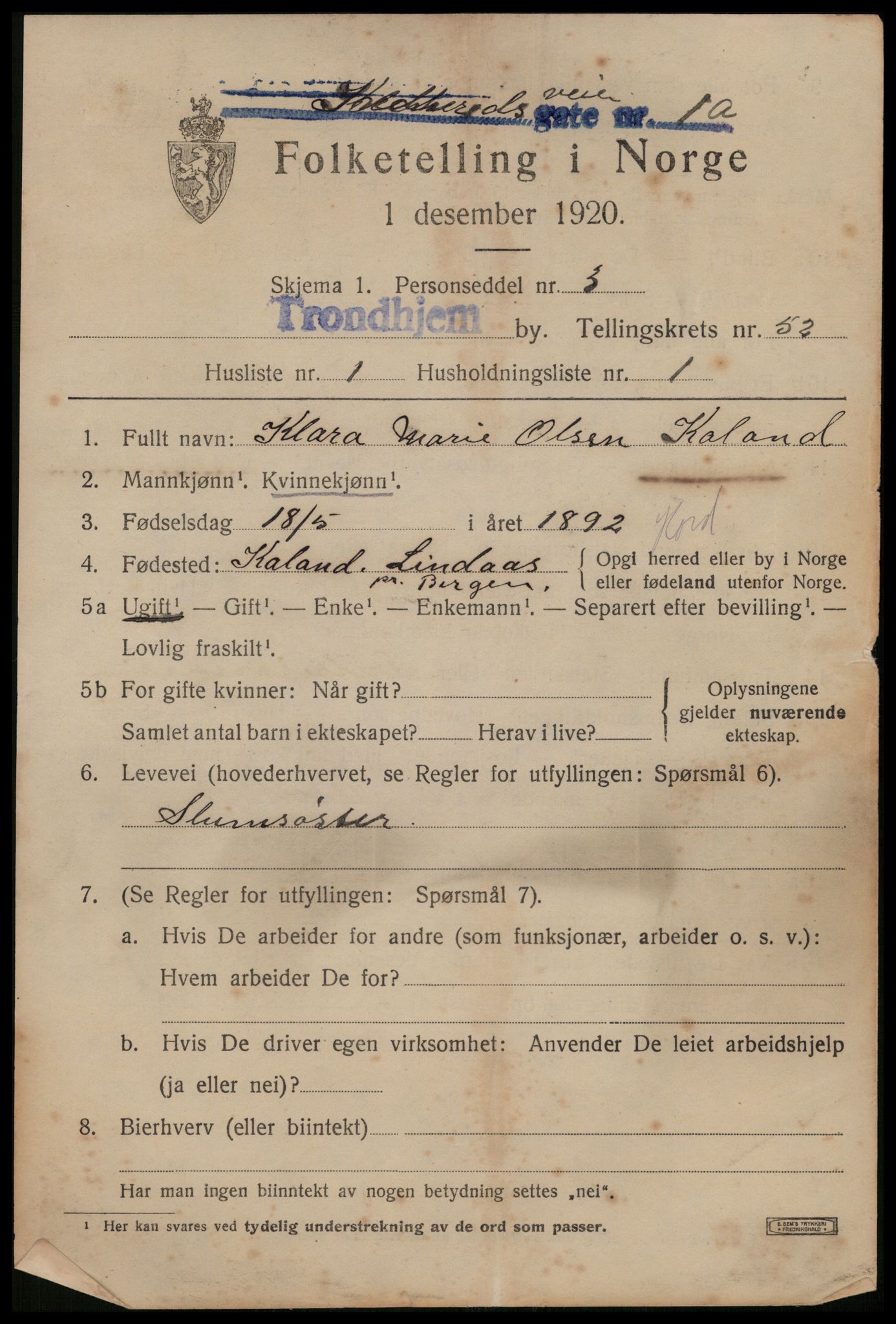 SAT, 1920 census for Trondheim, 1920, p. 106504