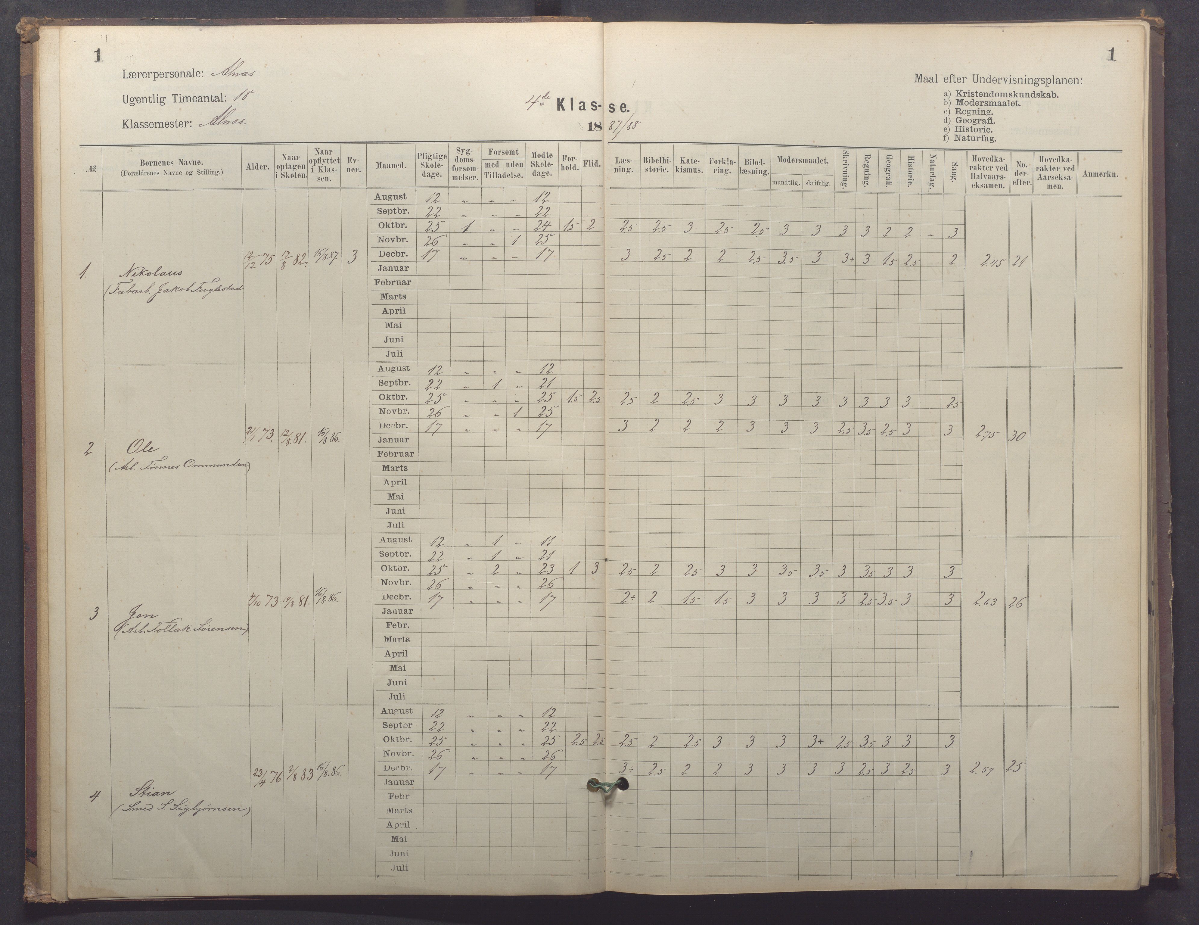 Egersund kommune (Ladested) - Egersund almueskole/folkeskole, IKAR/K-100521/H/L0025: Skoleprotokoll - Almueskolen, 4. klasse, 1887-1892, p. 1