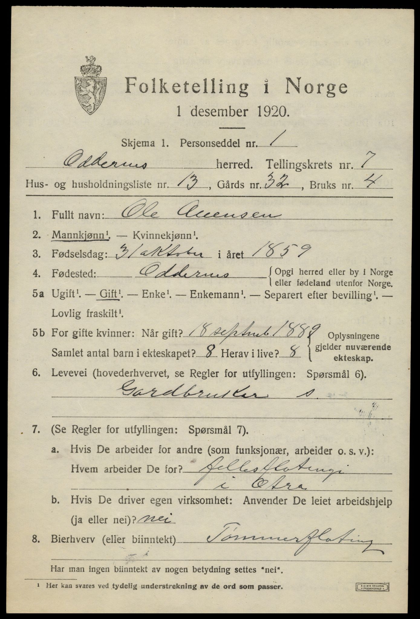 SAK, 1920 census for Oddernes, 1920, p. 5447