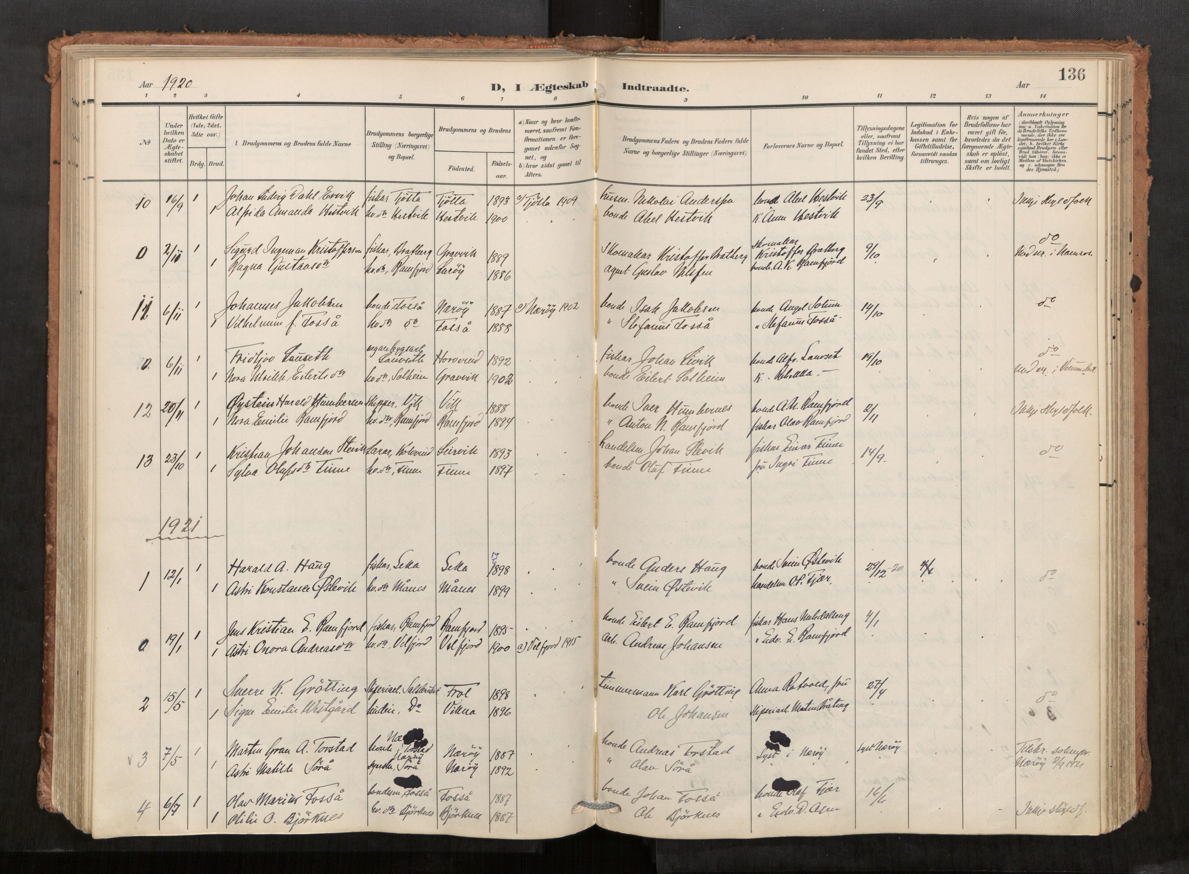 Kolvereid sokneprestkontor, SAT/A-1171/H/Ha/Haa/L0001: Parish register (official) no. 1, 1903-1922, p. 136