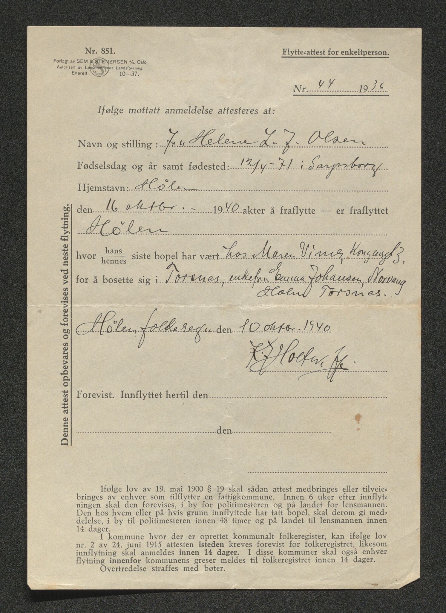 Borge lensmannskontor (Østfold), AV/SAO-A-10176/I/Ia/L0007: Protokoll over inn- og utflyttede i Torsnes fattigkommune, 1923-1943